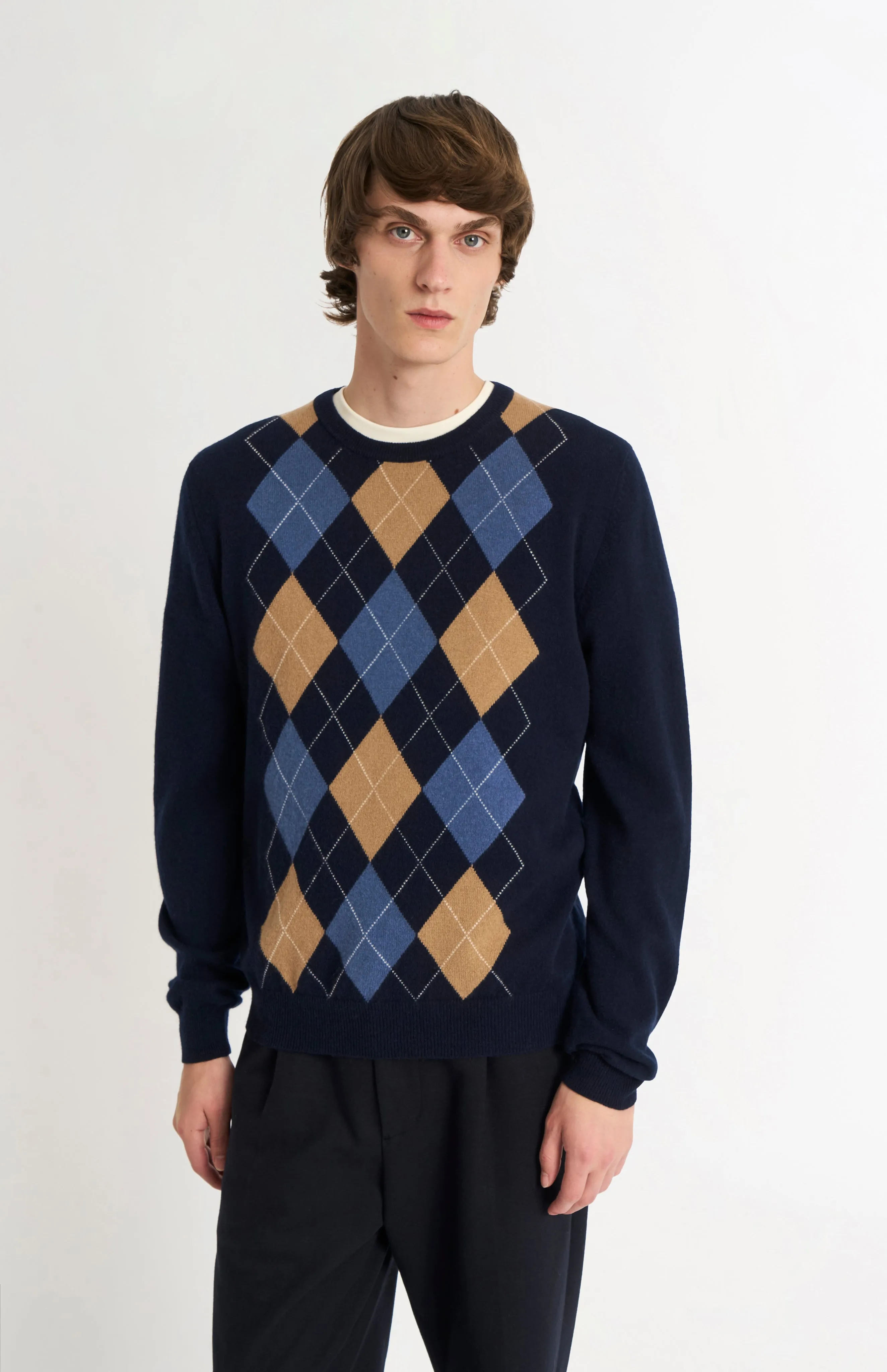 Men's Classic Crew Neck Cashmere Argyle Jumper In Navy / Camel / Blue sold by Pringle of Scotland