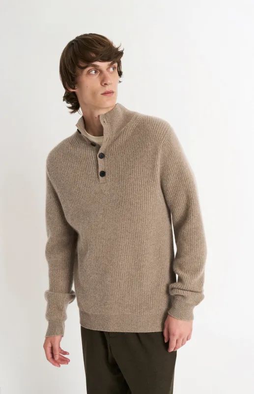 Men's Button Neck Rib Cashmere Jumper In Mushroom Melange sold by Pringle of Scotland