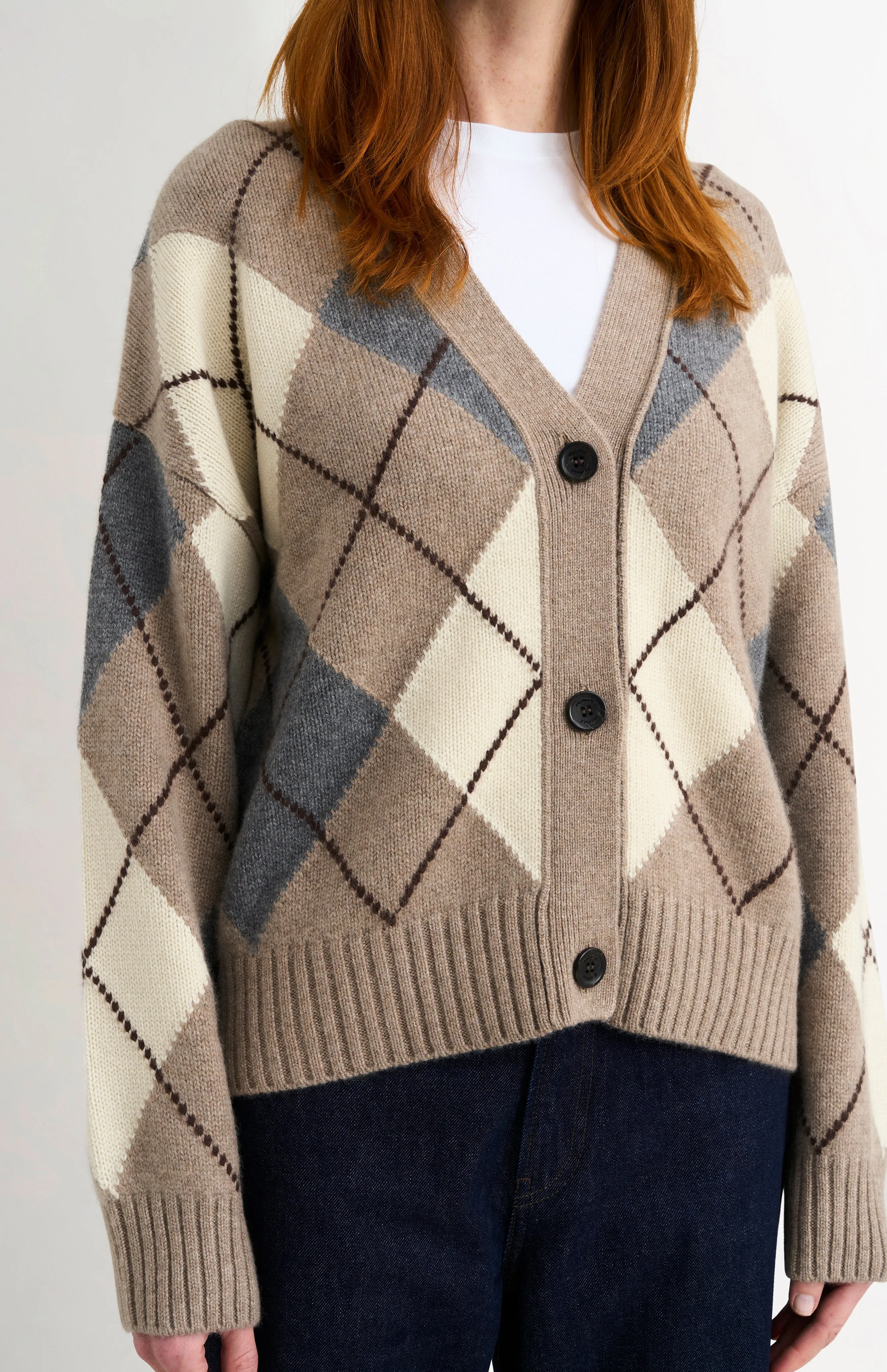Women's Chunky All Over Argyle Cashmere Cardigan in Mushoom & Grey sold by Pringle of Scotland product image thumbnail 3