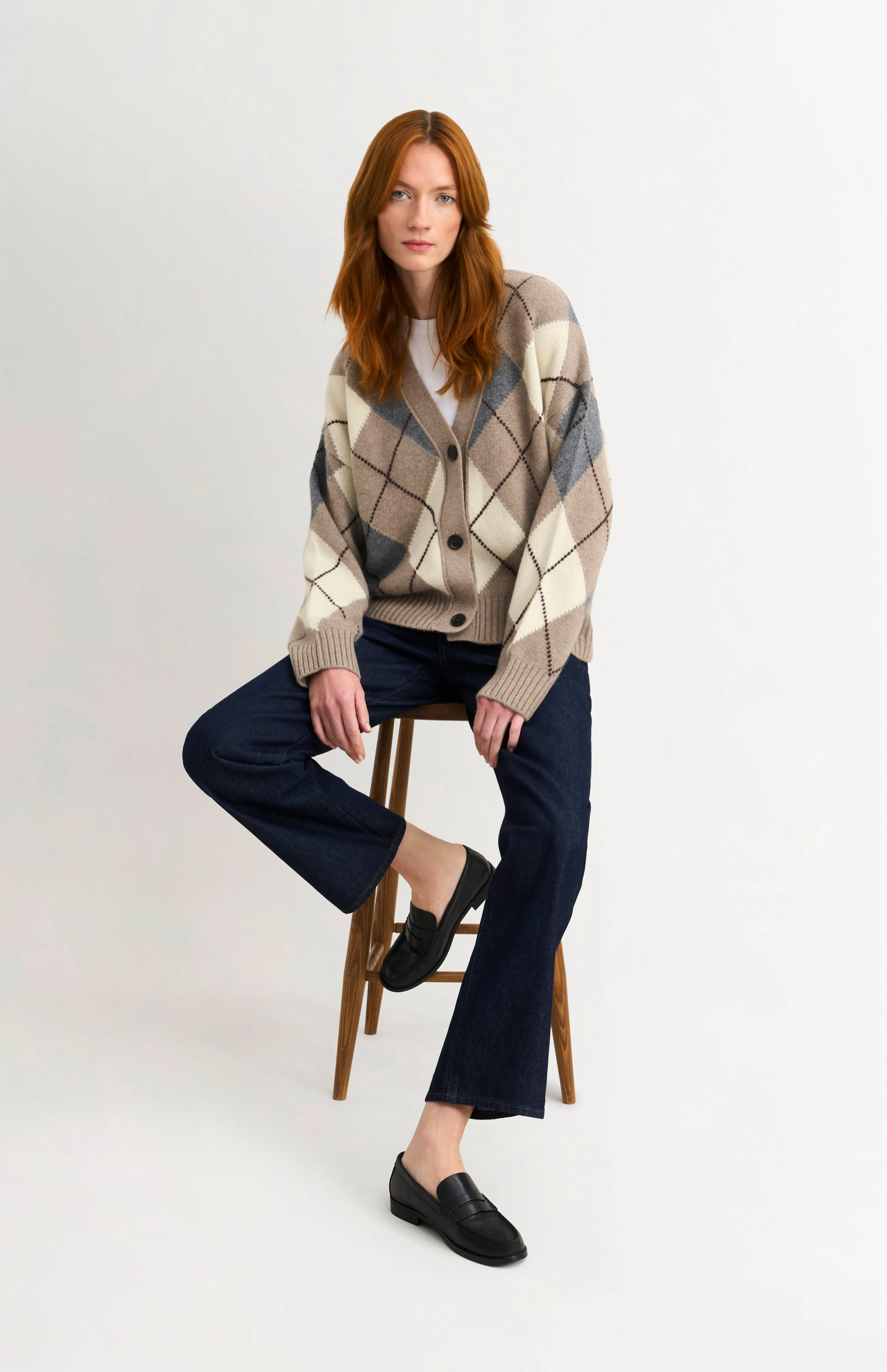 Women's Chunky All Over Argyle Cashmere Cardigan in Mushoom & Grey sold by Pringle of Scotland product image thumbnail 5