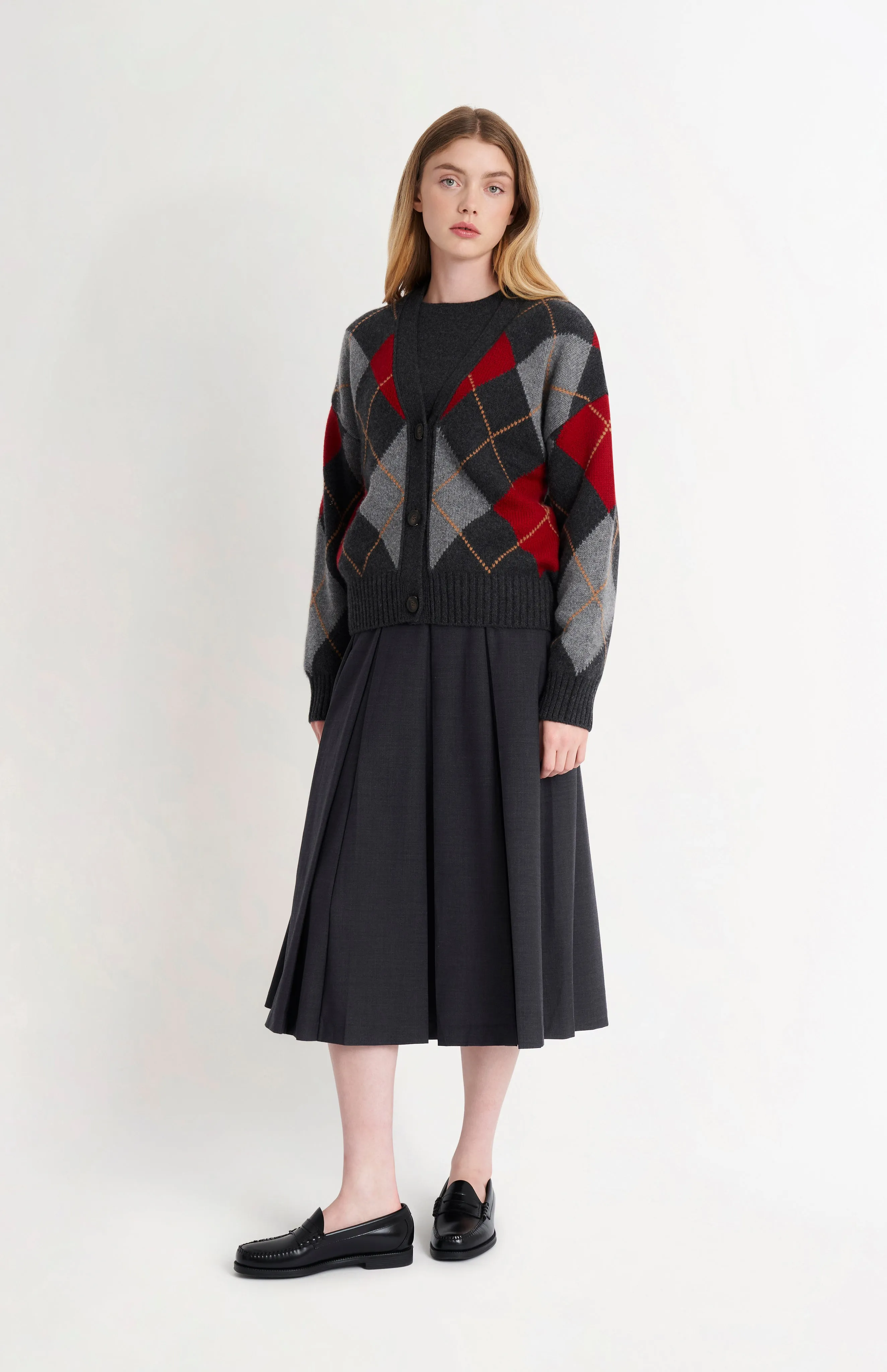 Women's Chunky All Over Argyle Cashmere Cardigan in Charcoal & Red sold by Pringle of Scotland product image thumbnail 3