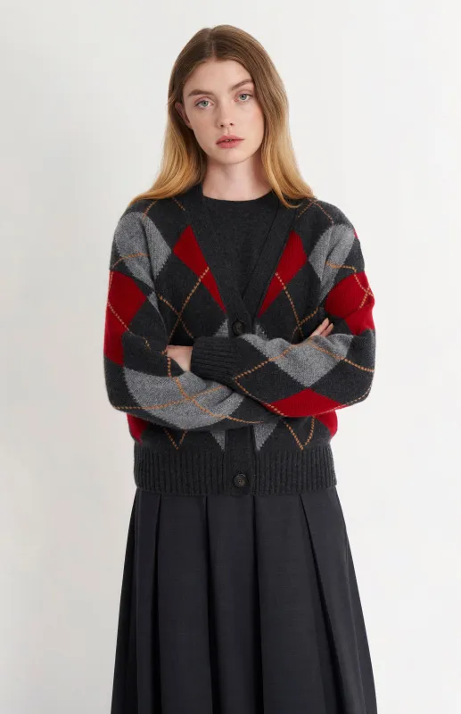Women's Chunky All Over Argyle Cashmere Cardigan in Charcoal & Red sold by Pringle of Scotland