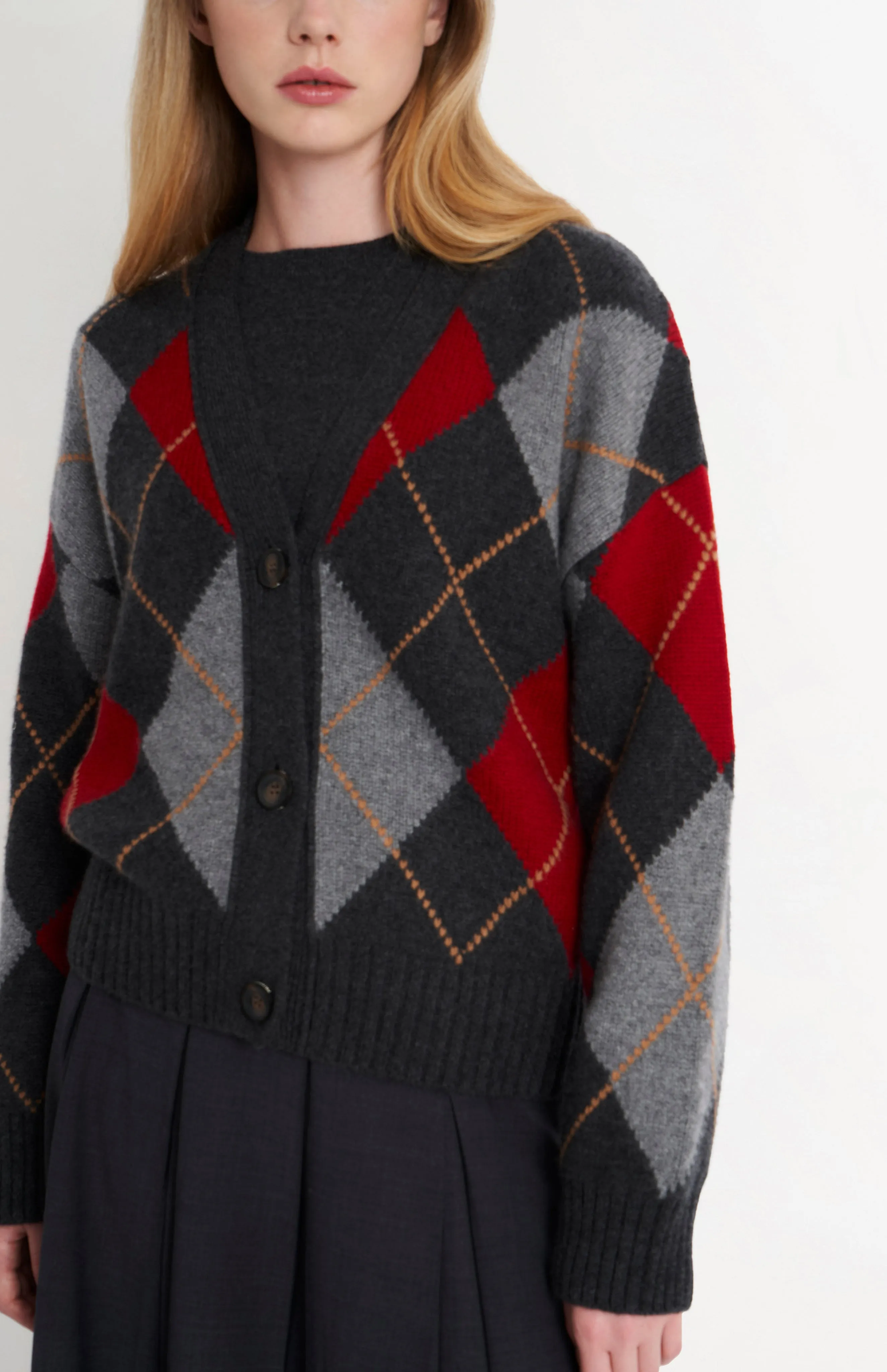 Women's Chunky All Over Argyle Cashmere Cardigan in Charcoal & Red sold by Pringle of Scotland product image thumbnail 4