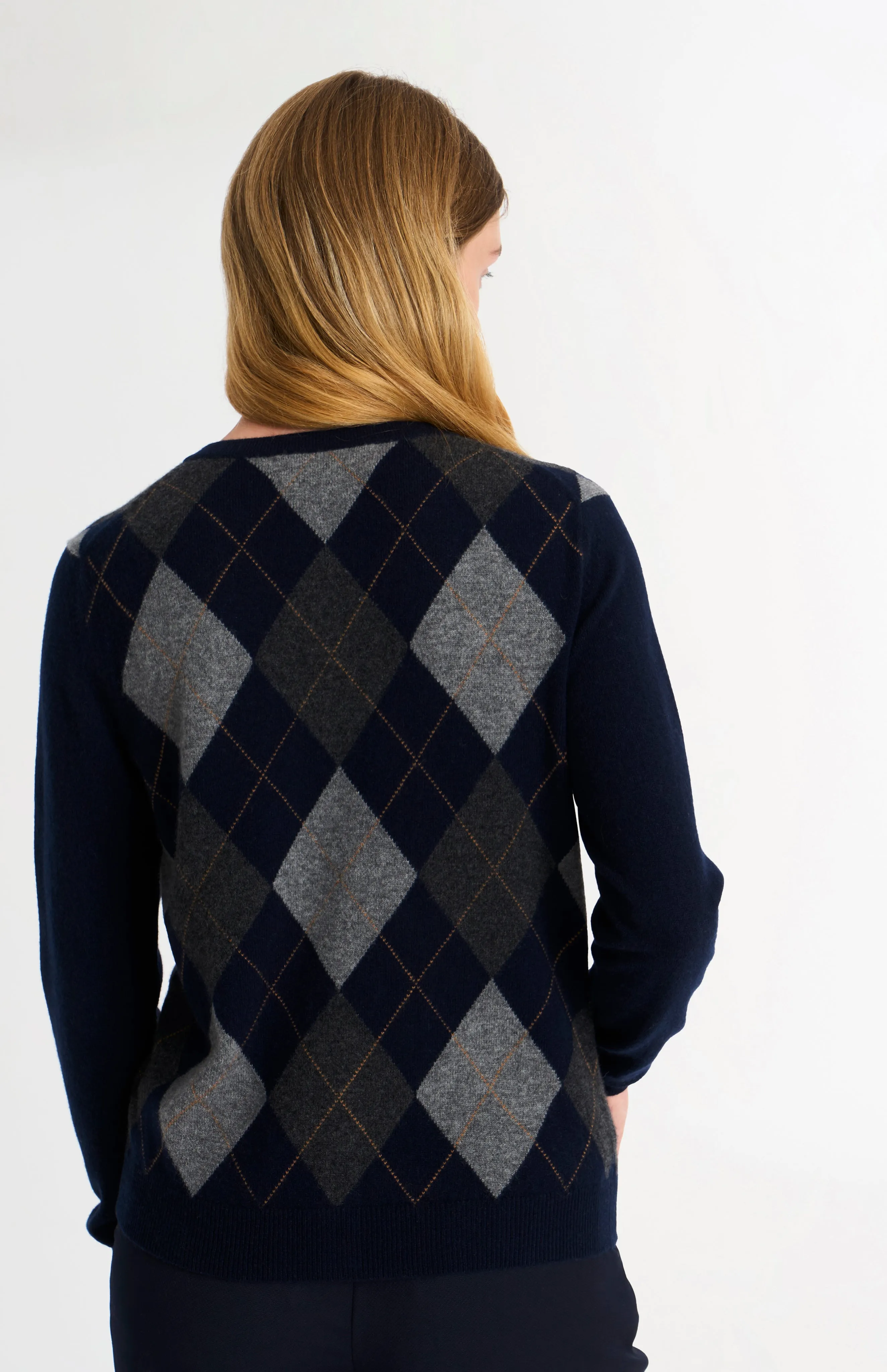 Women's Crew Neck Cashmere Argyle Cardigan In Brown / Navy / Grey sold by Pringle of Scotland product image thumbnail 5