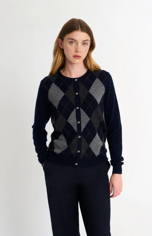 Women's Crew Neck Cashmere Argyle Cardigan In Brown / Navy / Grey sold by Pringle of Scotland