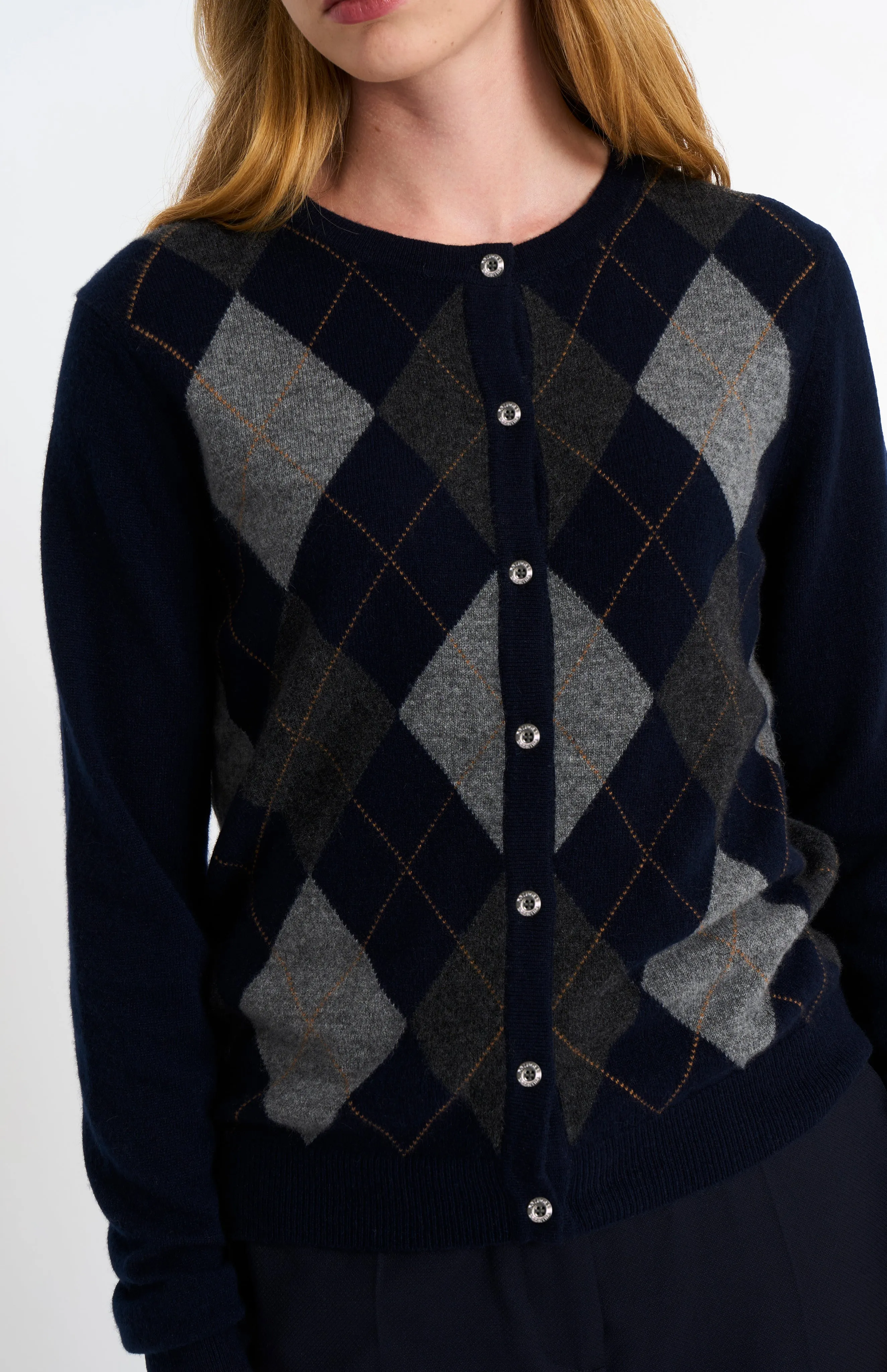 Women's Crew Neck Cashmere Argyle Cardigan In Brown / Navy / Grey sold by Pringle of Scotland product image thumbnail 4