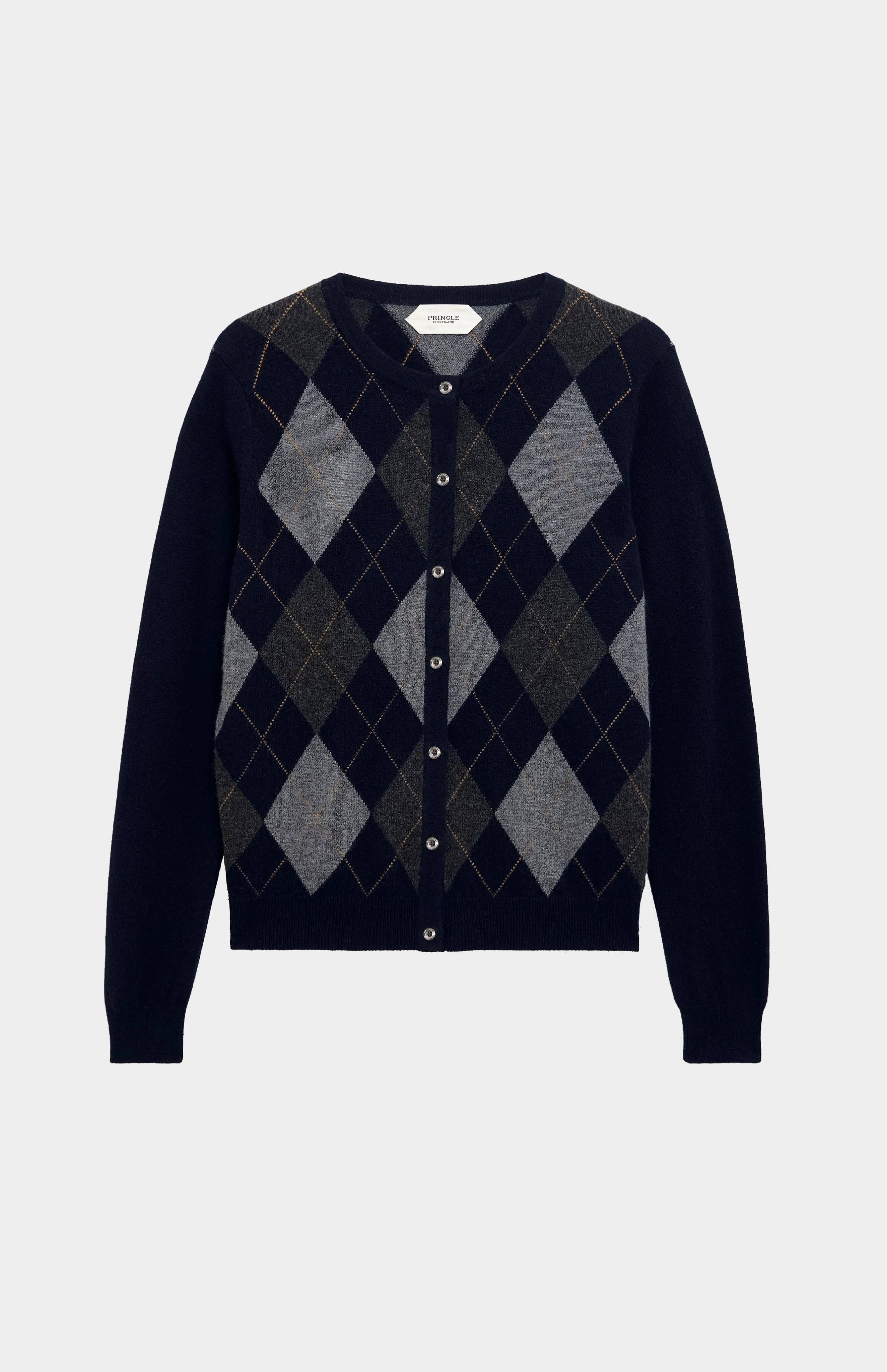 Women's Crew Neck Cashmere Argyle Cardigan In Brown / Navy / Grey sold by Pringle of Scotland product image thumbnail 2