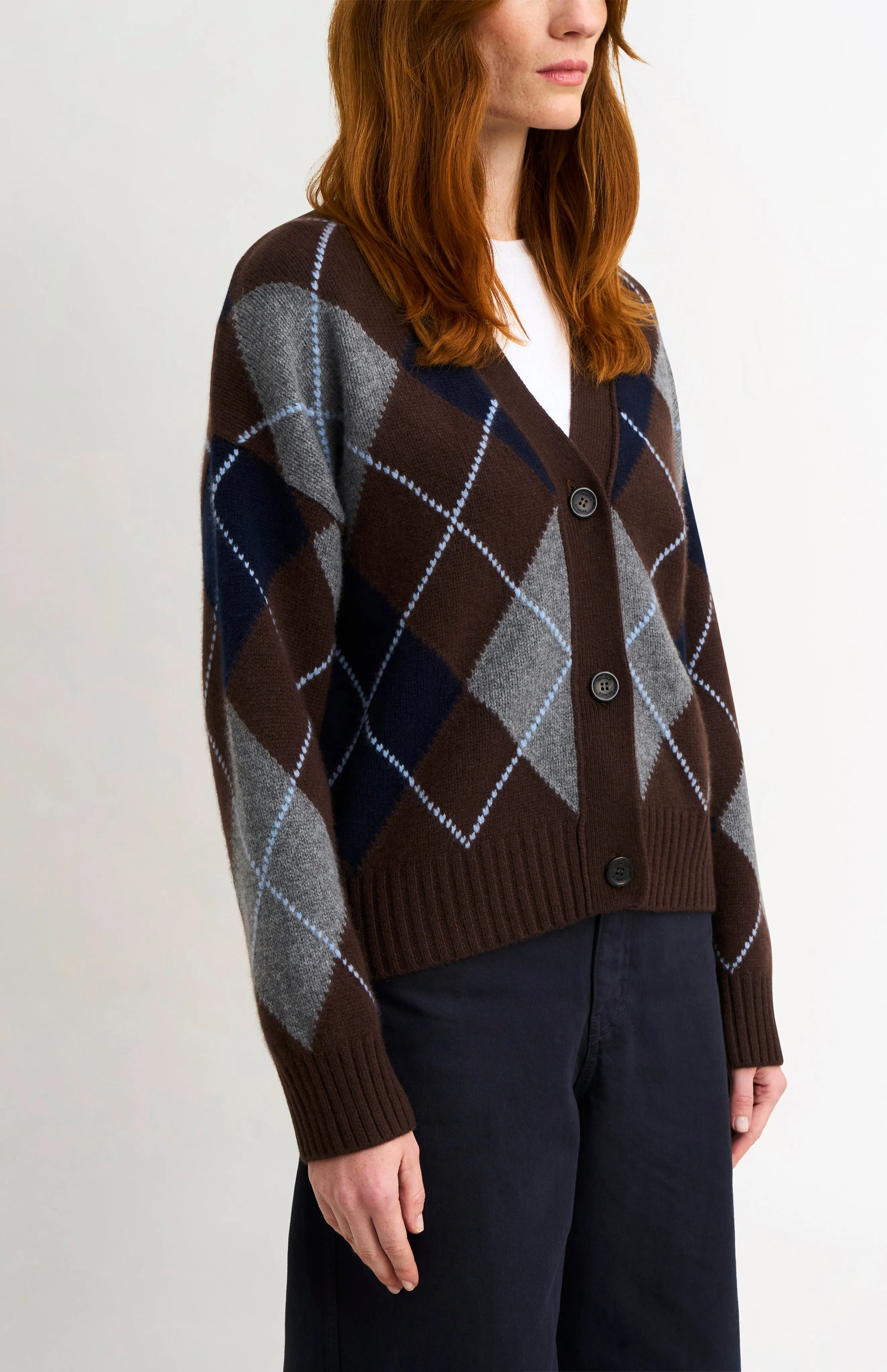 Women's Chunky All Over Argyle Cashmere Cardigan in Brown / Navy / Grey sold by Pringle of Scotland product image thumbnail 3