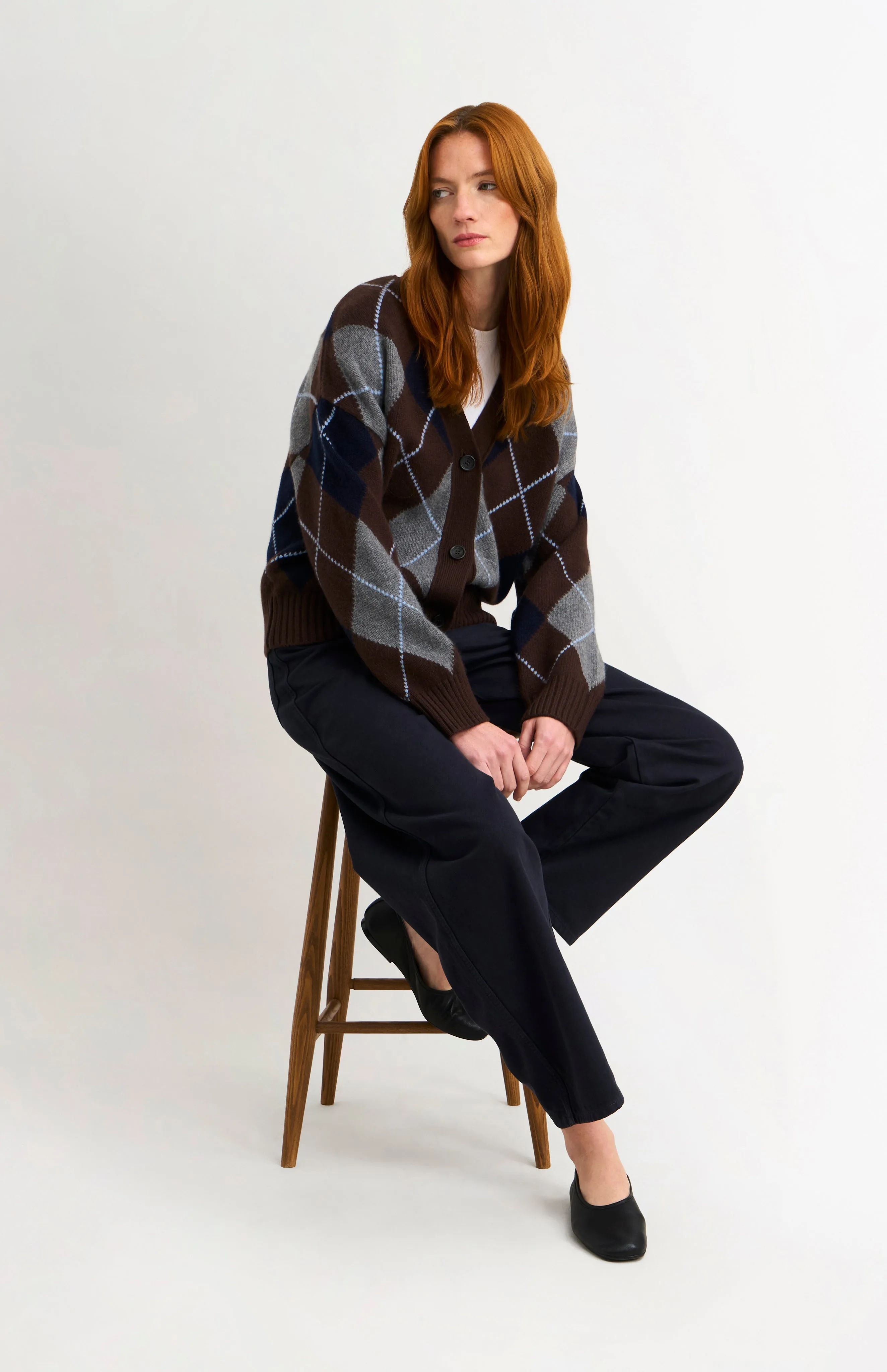 Women's Chunky All Over Argyle Cashmere Cardigan in Brown / Navy / Grey sold by Pringle of Scotland product image thumbnail 2