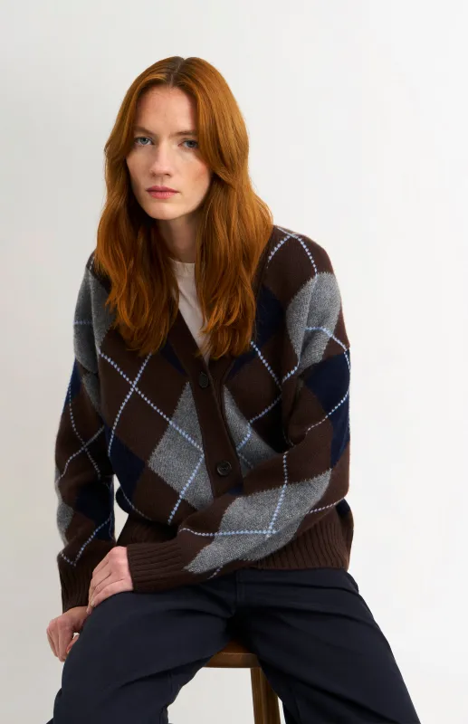 Women's Chunky All Over Argyle Cashmere Cardigan in Brown / Navy / Grey sold by Pringle of Scotland