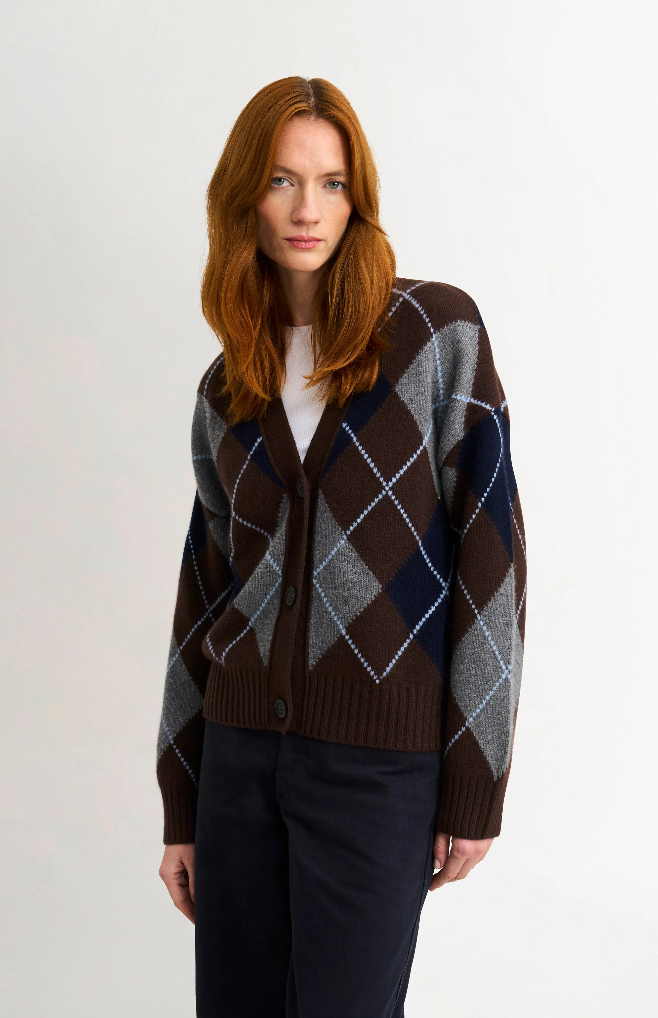 Women's Chunky All Over Argyle Cashmere Cardigan in Brown / Navy / Grey sold by Pringle of Scotland product image thumbnail 5