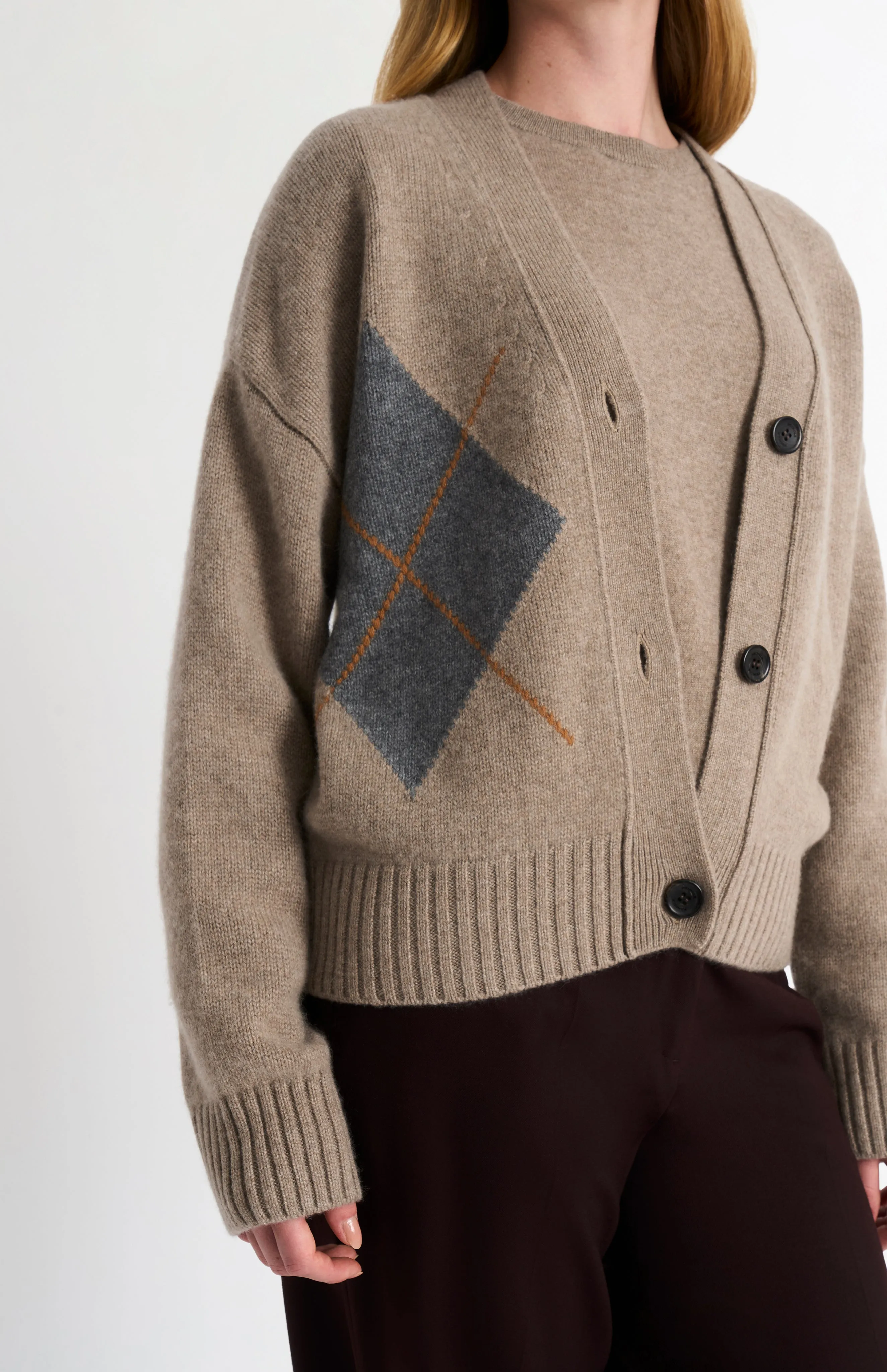 Women's Chunky Argyle Cashmere Cardigan in Mushroom And Grey sold by Pringle of Scotland product image thumbnail 4