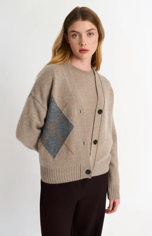 Women's Chunky Argyle Cashmere CardiganĀ in Mushroom And Grey sold by Pringle of Scotland