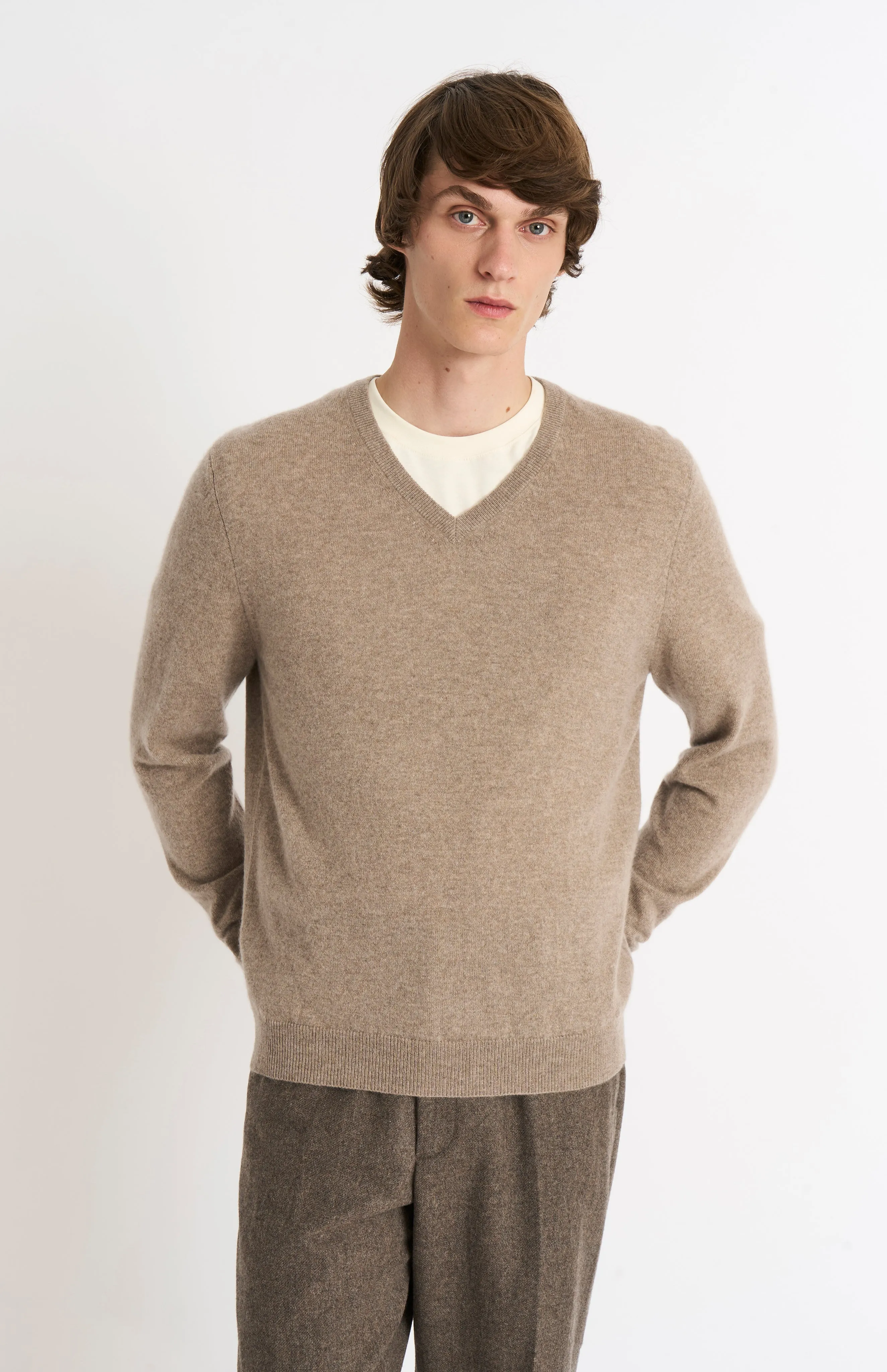 Men's Classic V-neck Cashmere Jumper In Mushroom sold by Pringle of Scotland
