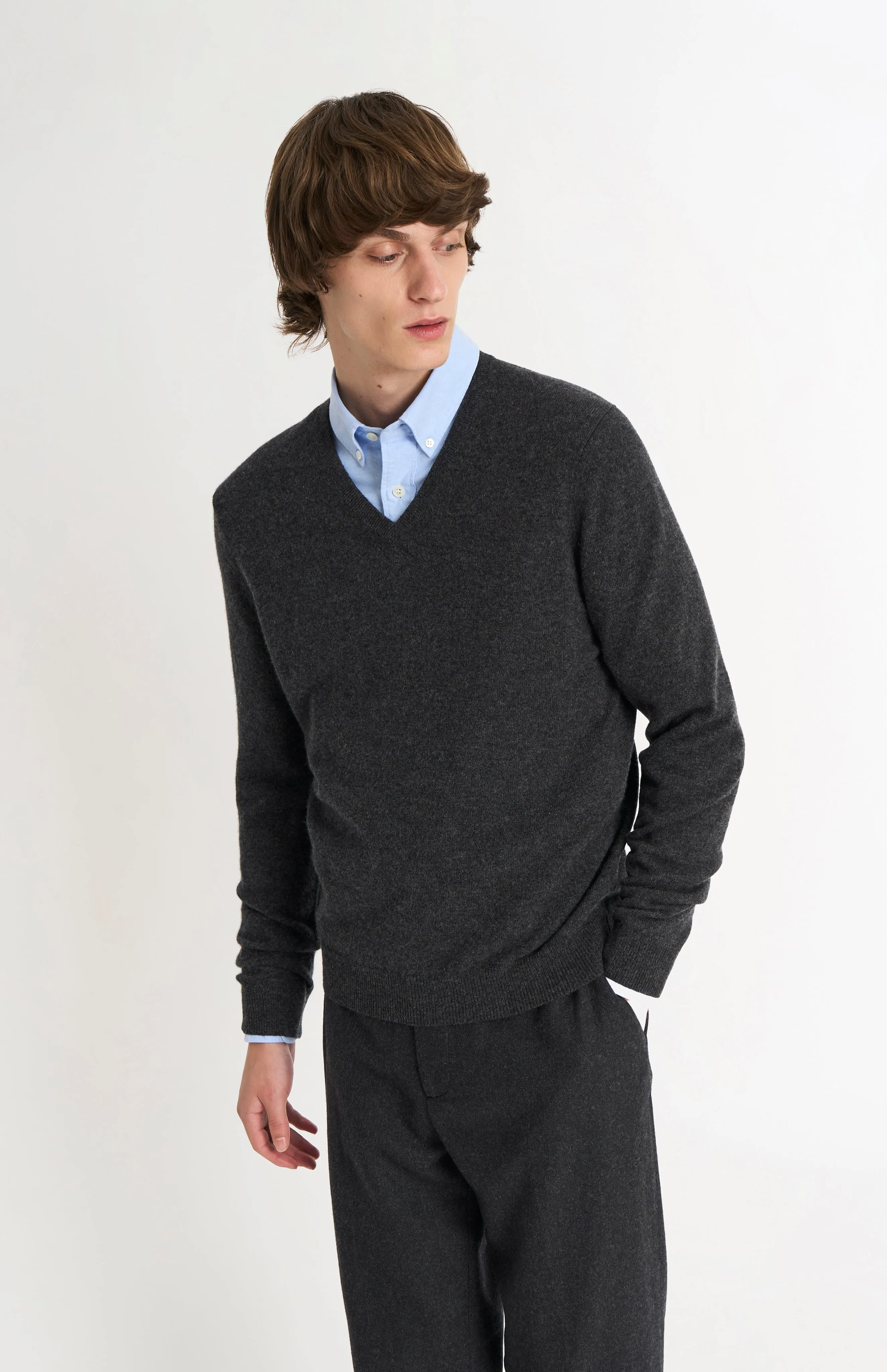 Men's Classic V-neck Cashmere Jumper In Charcoal Melange sold by Pringle of Scotland