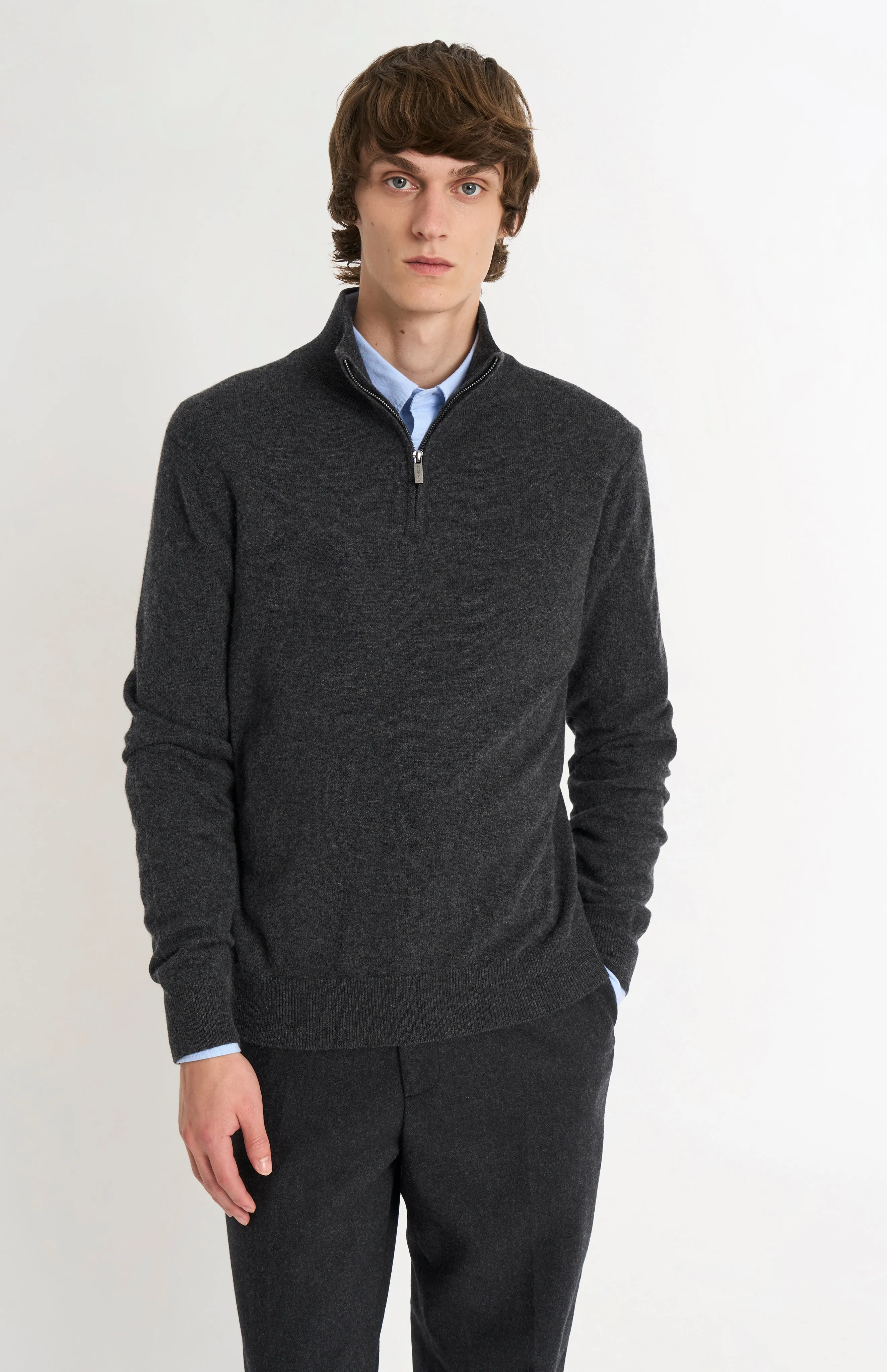 Men's Classic Qtr Zip Cashmere Jumper In Charcoal Melange sold by Pringle of Scotland