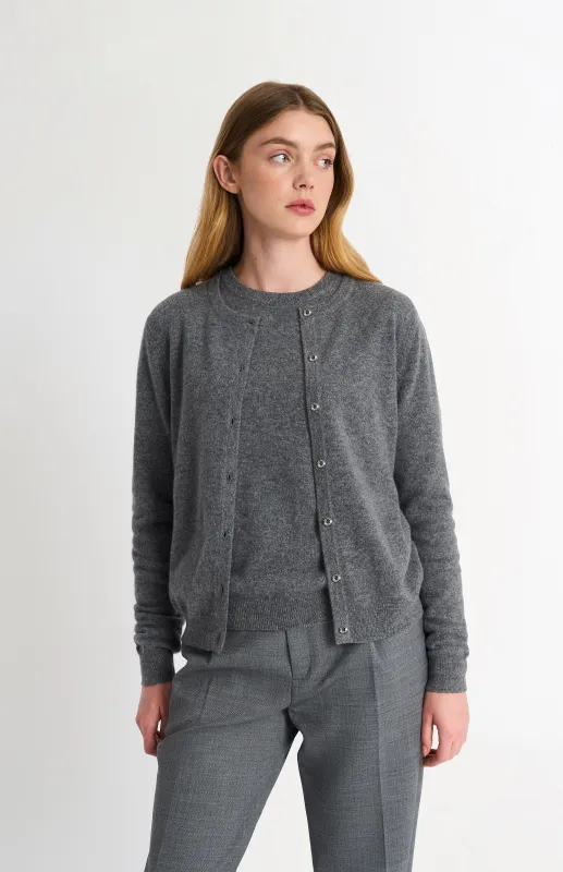 Women's Classic Crew Neck Cashmere Cardigan In Grey Melange sold by Pringle of Scotland