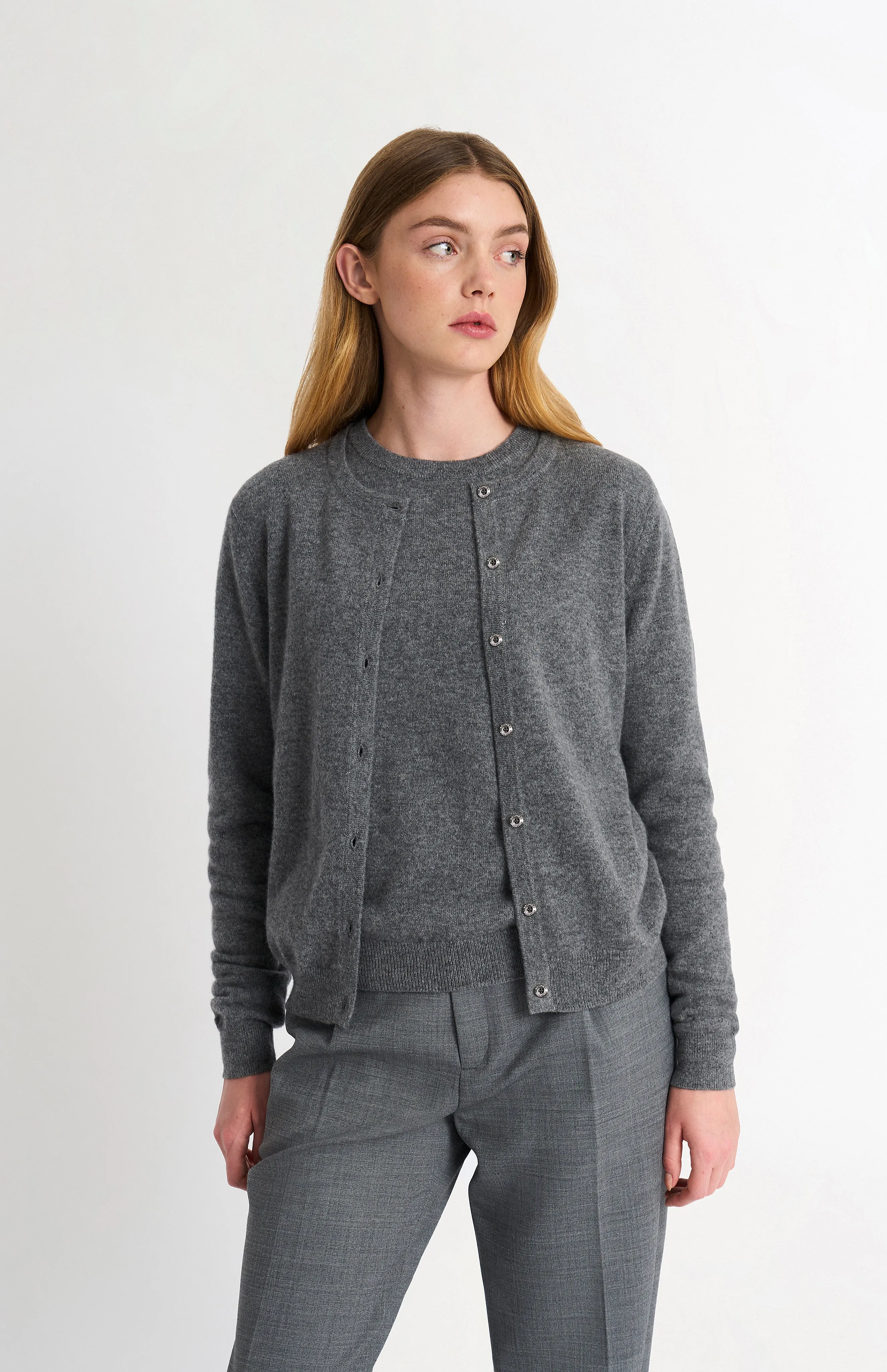 Women's Classic Crew Neck Cashmere Cardigan In Grey Melange sold by Pringle of Scotland