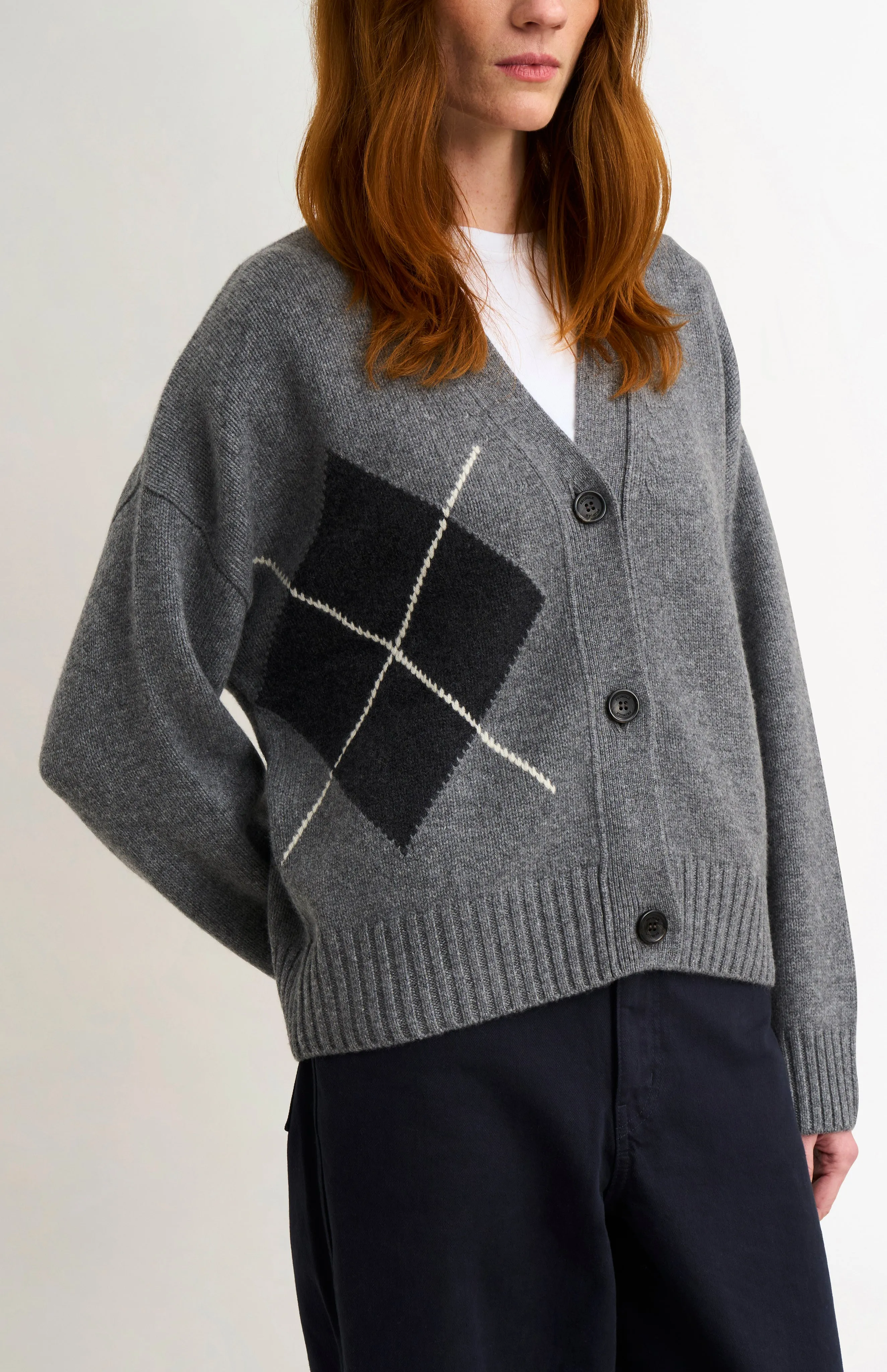 Women's Chunky Argyle Cashmere Cardigan in Grey and Charcoal sold by Pringle of Scotland product image thumbnail 3