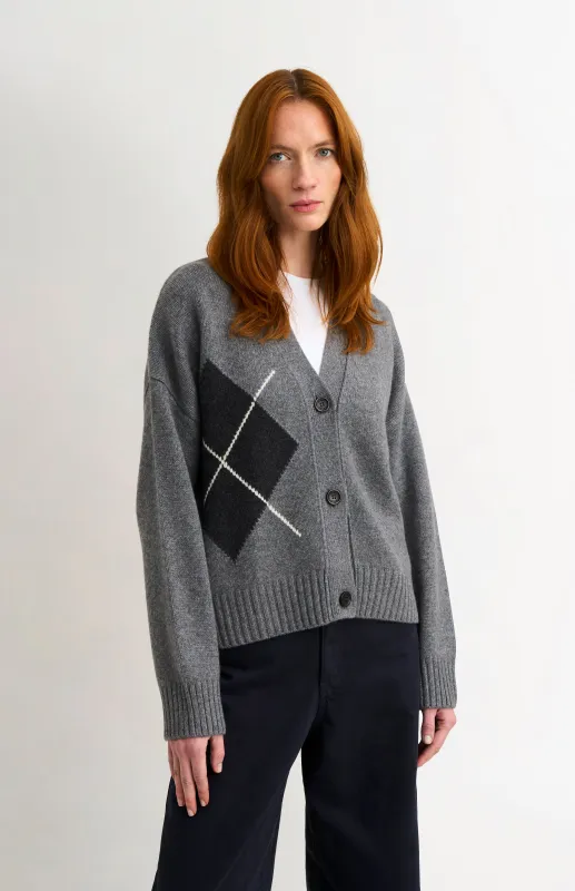 Women's Chunky Argyle Cashmere Cardigan in Grey and Charcoal sold by Pringle of Scotland