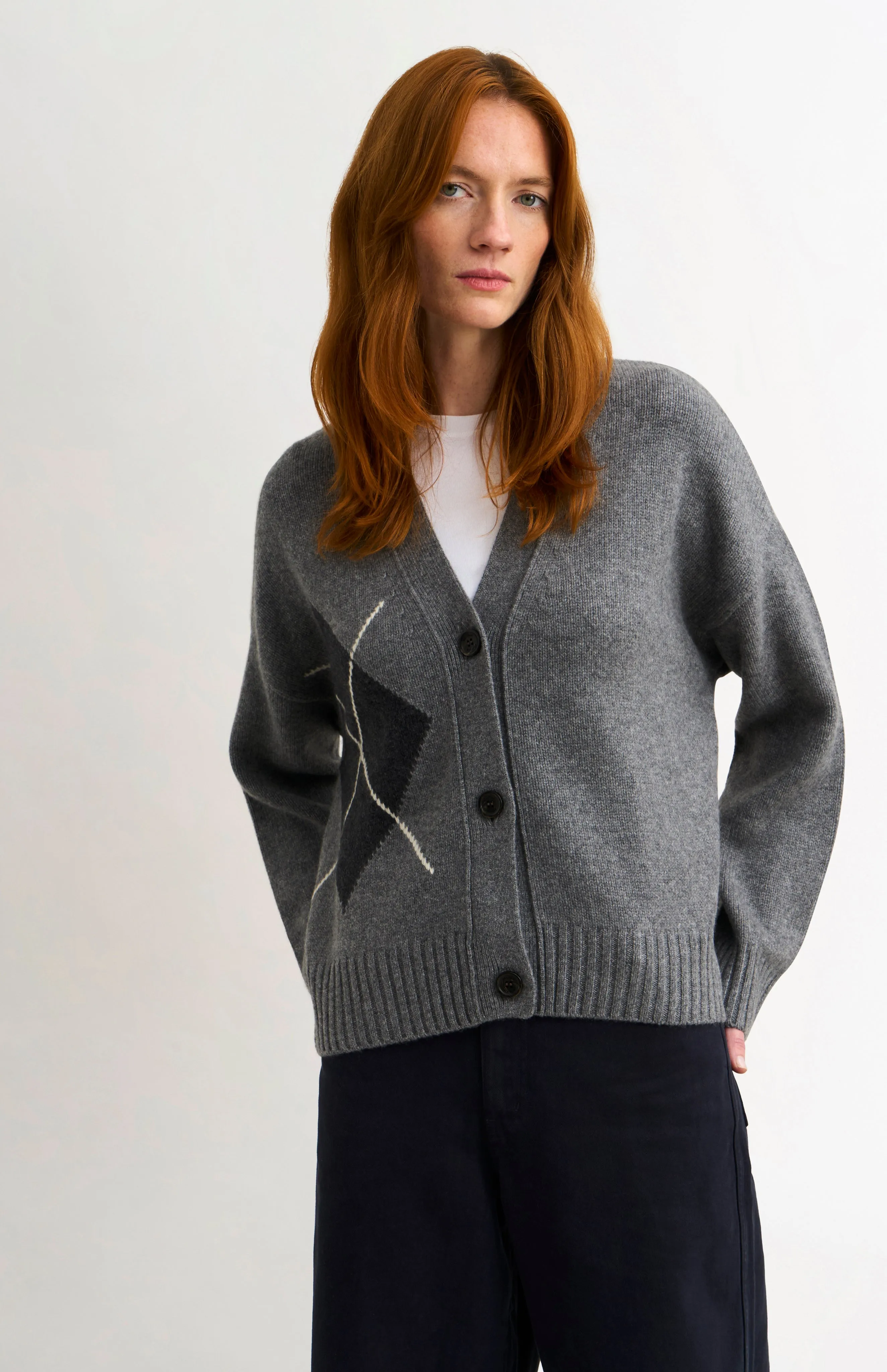 Women's Chunky Argyle Cashmere Cardigan in Grey and Charcoal sold by Pringle of Scotland product image thumbnail 5