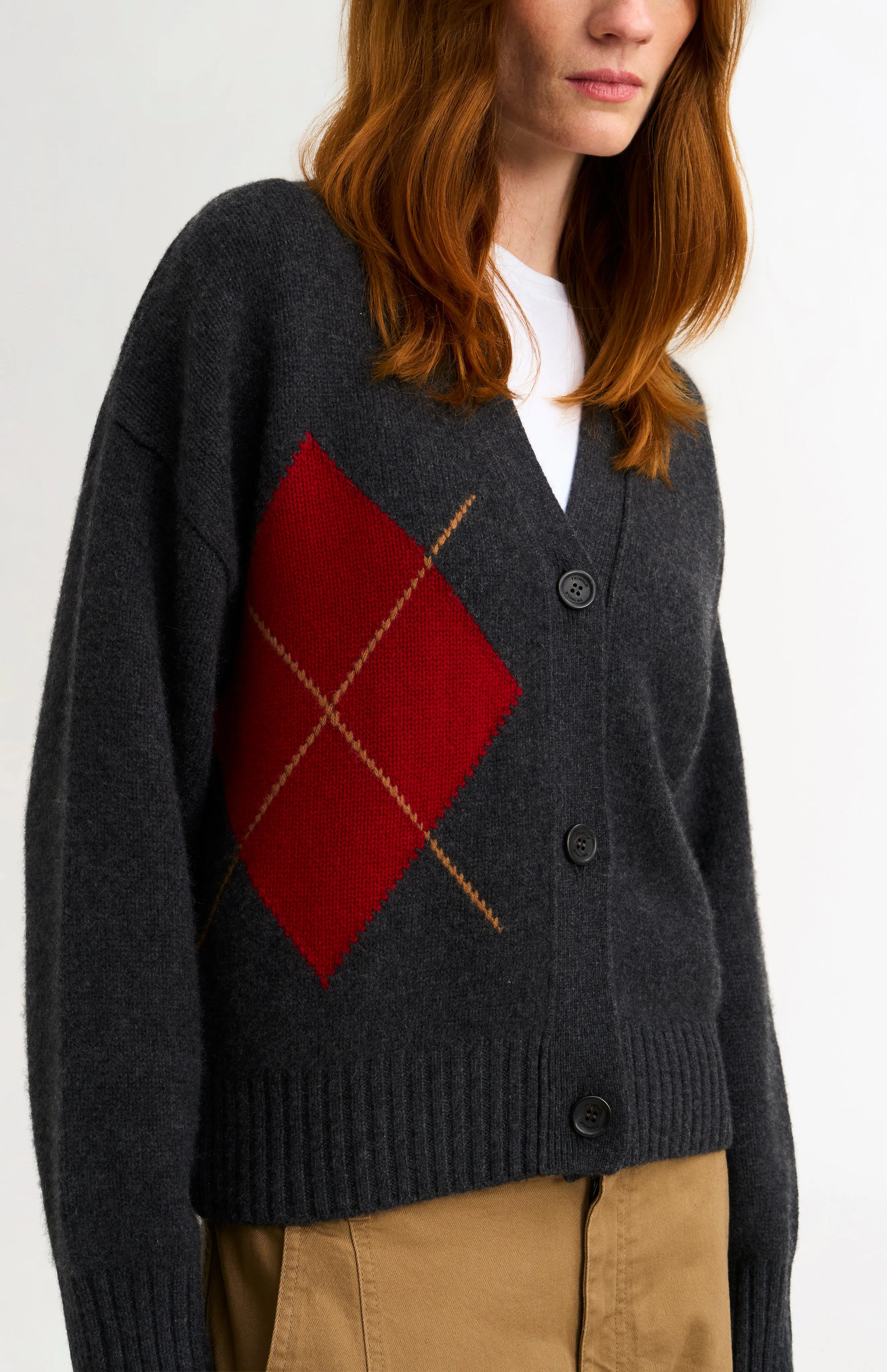 Women's Chunky Argyle Cashmere Cardigan in Charcoal And Red sold by Pringle of Scotland product image thumbnail 3