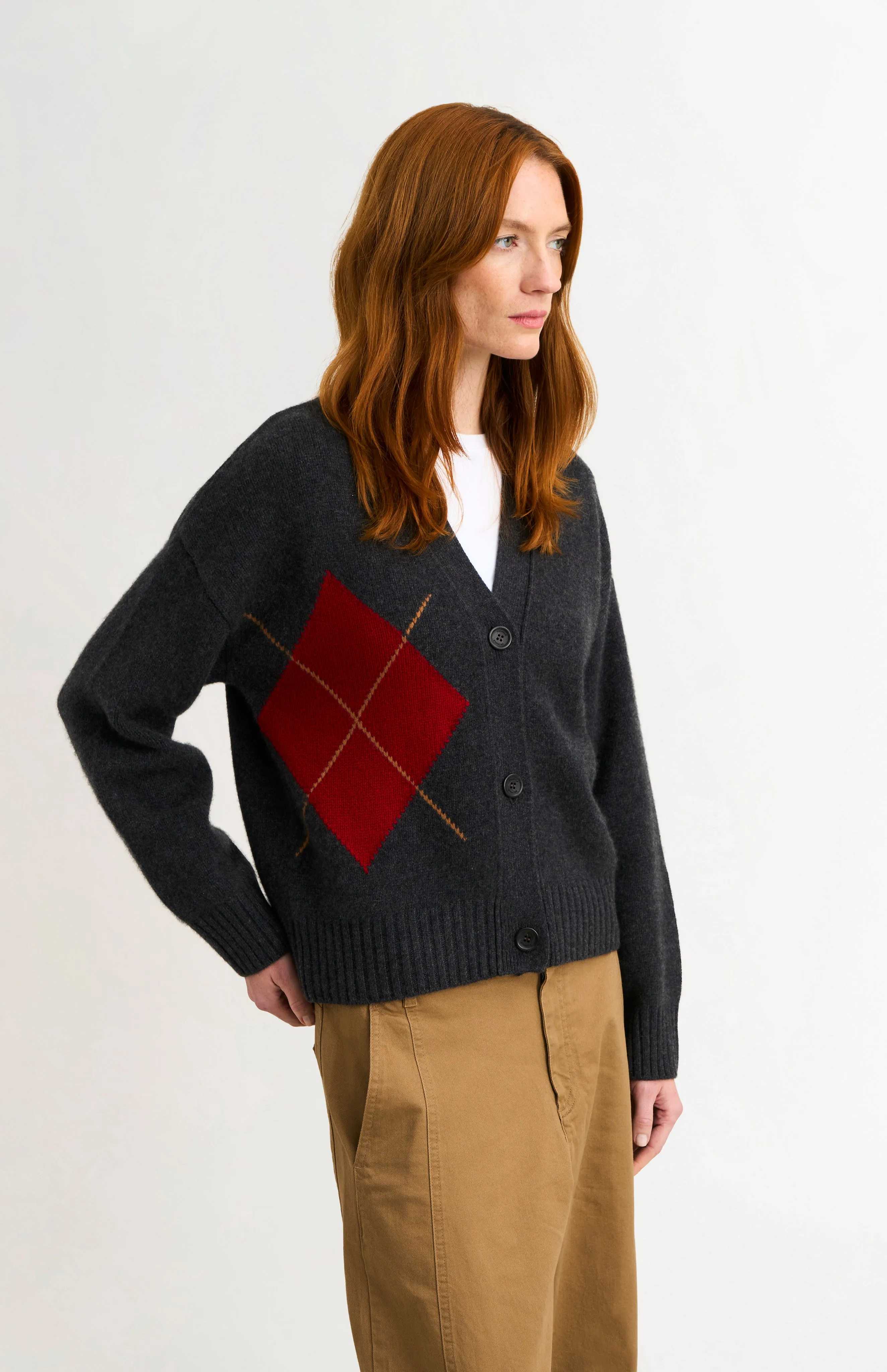 Women's Chunky Argyle Cashmere Cardigan in Charcoal And Red sold by Pringle of Scotland
