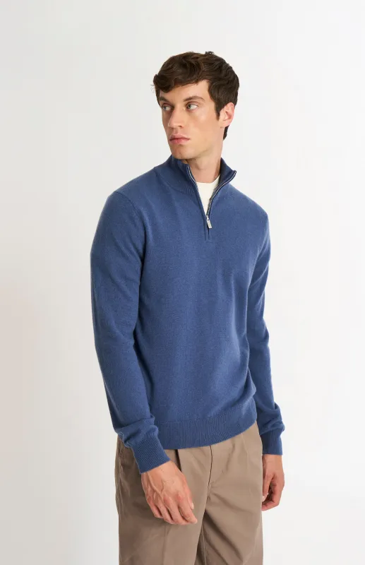 Men's Classic Qtr Zip Cashmere Jumper In Bering Sea Blue made by Pringle
