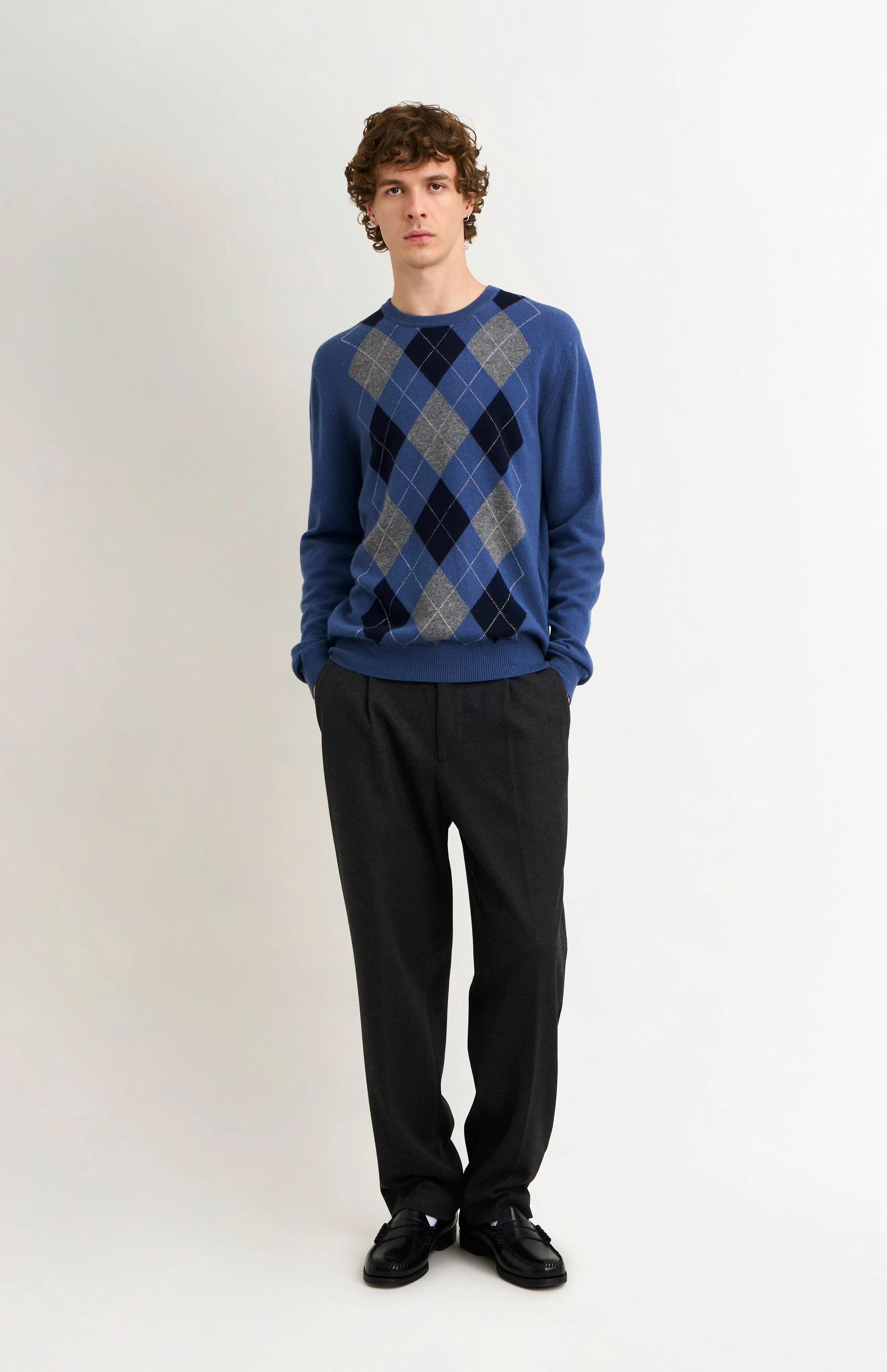 Men's Classic Crew Neck Cashmere Argyle Jumper In Blue / Navy / Grey sold by Pringle of Scotland