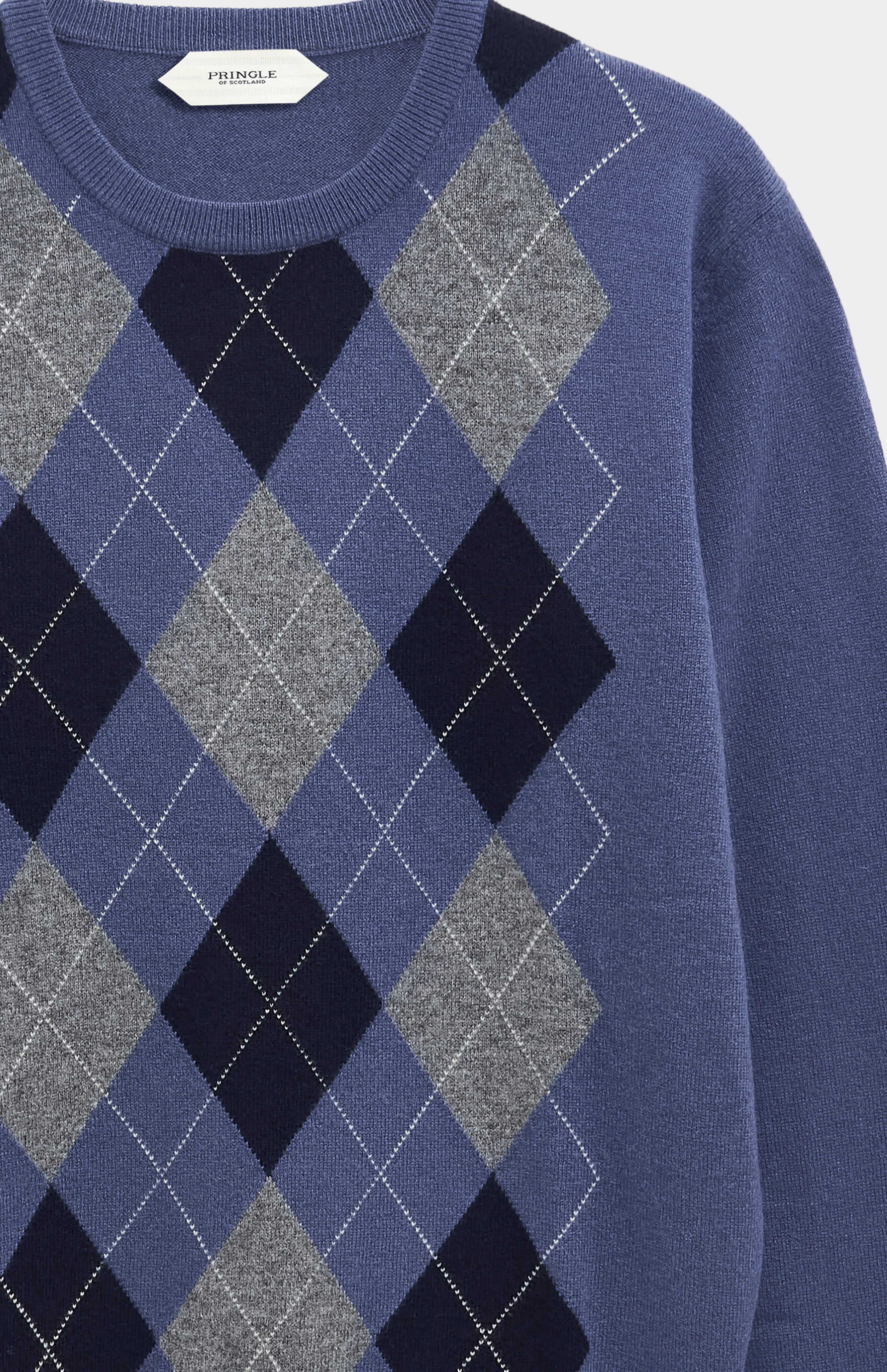 Men's Classic Crew Neck Cashmere Argyle Jumper In Blue / Navy / Grey sold by Pringle of Scotland product image thumbnail 5