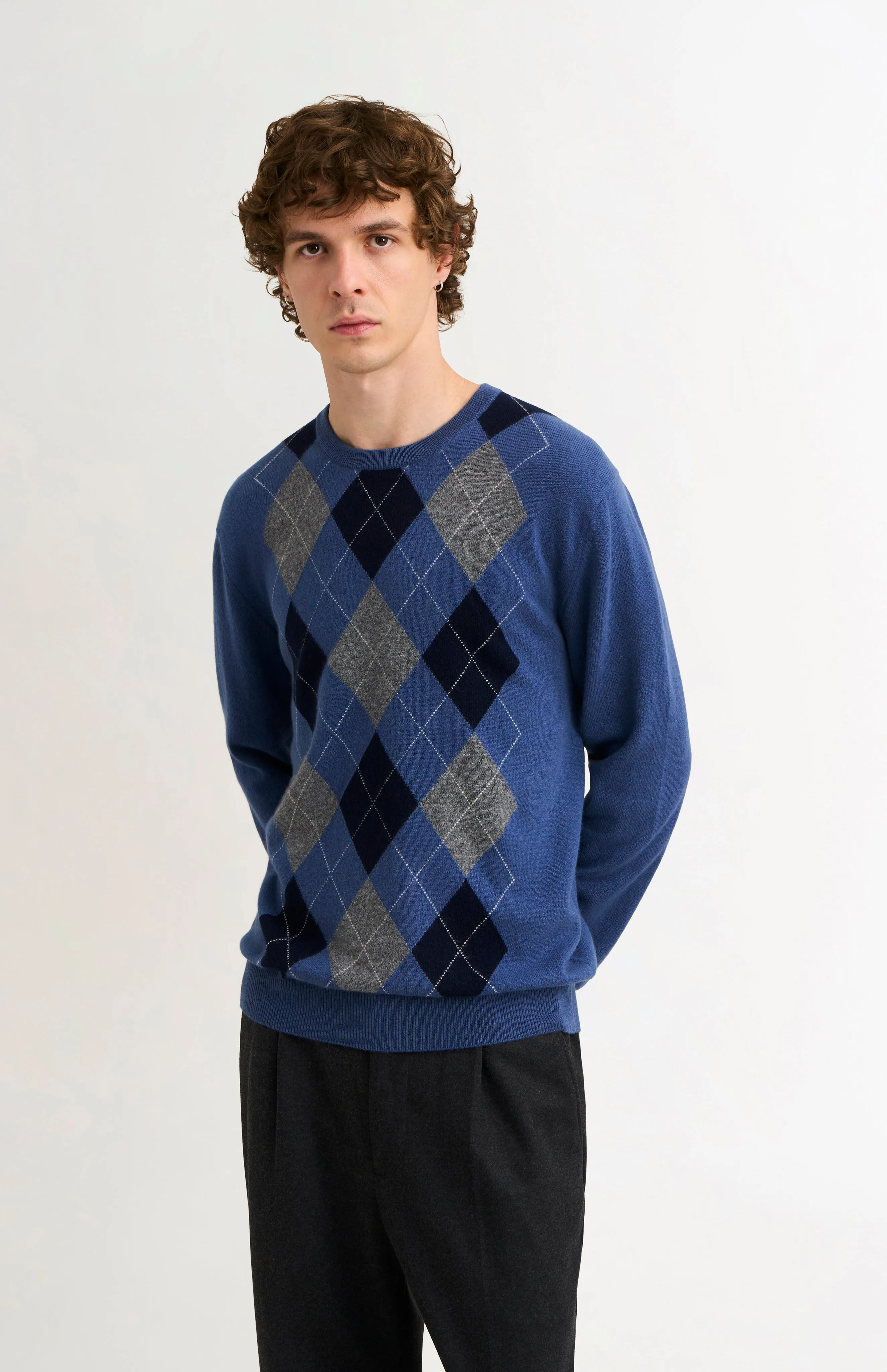 Men's Classic Crew Neck Cashmere Argyle Jumper In Blue / Navy / Grey sold by Pringle of Scotland product image thumbnail 2