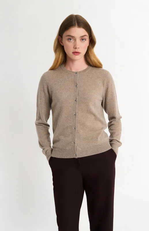 Women's Classic Crew Neck Cashmere Cardigan In Mushroom Melange sold by Pringle of Scotland