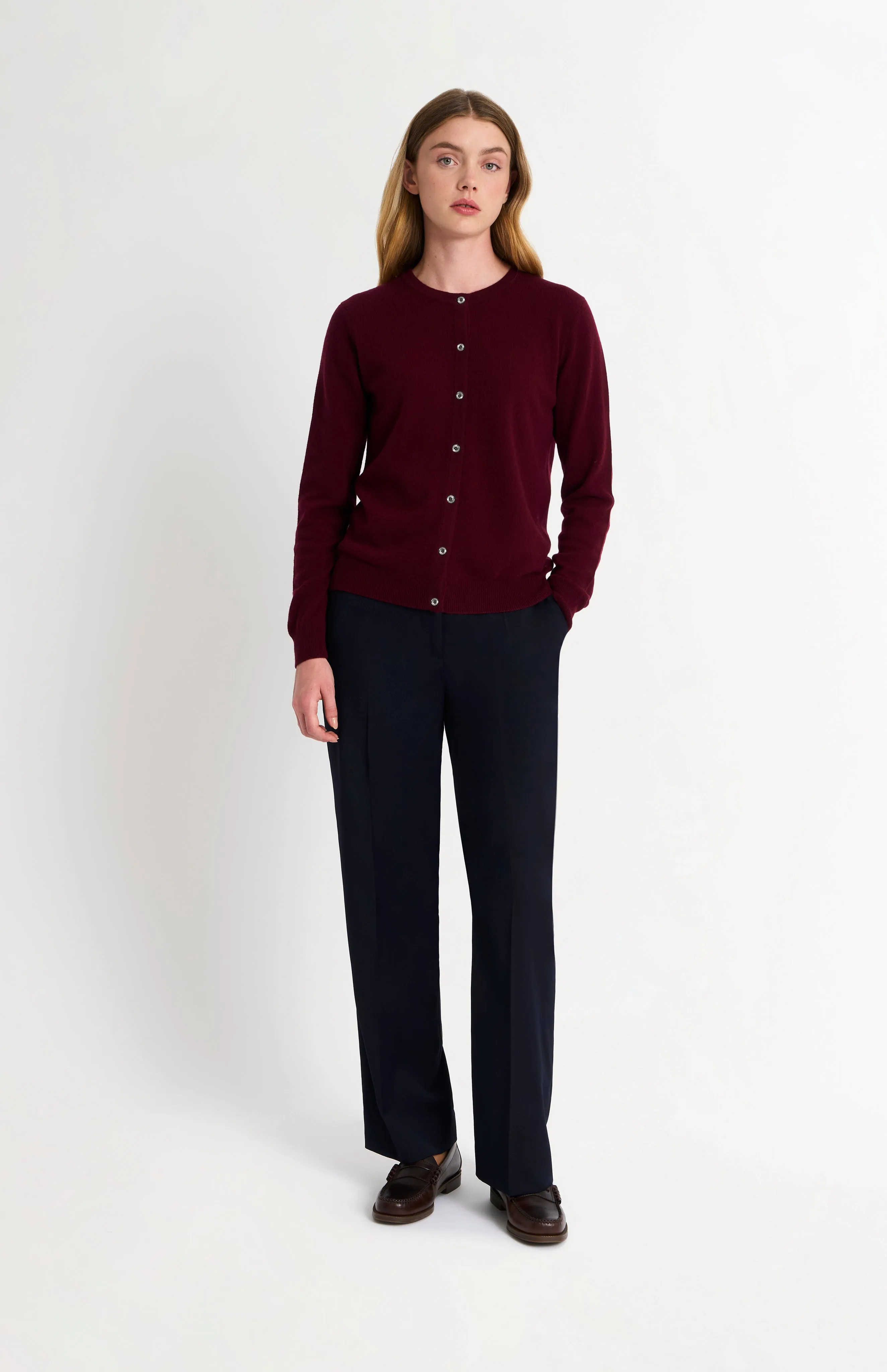Women's Classic Crew Neck Cashmere Cardigan In Burgundy sold by Pringle of Scotland product image thumbnail 3