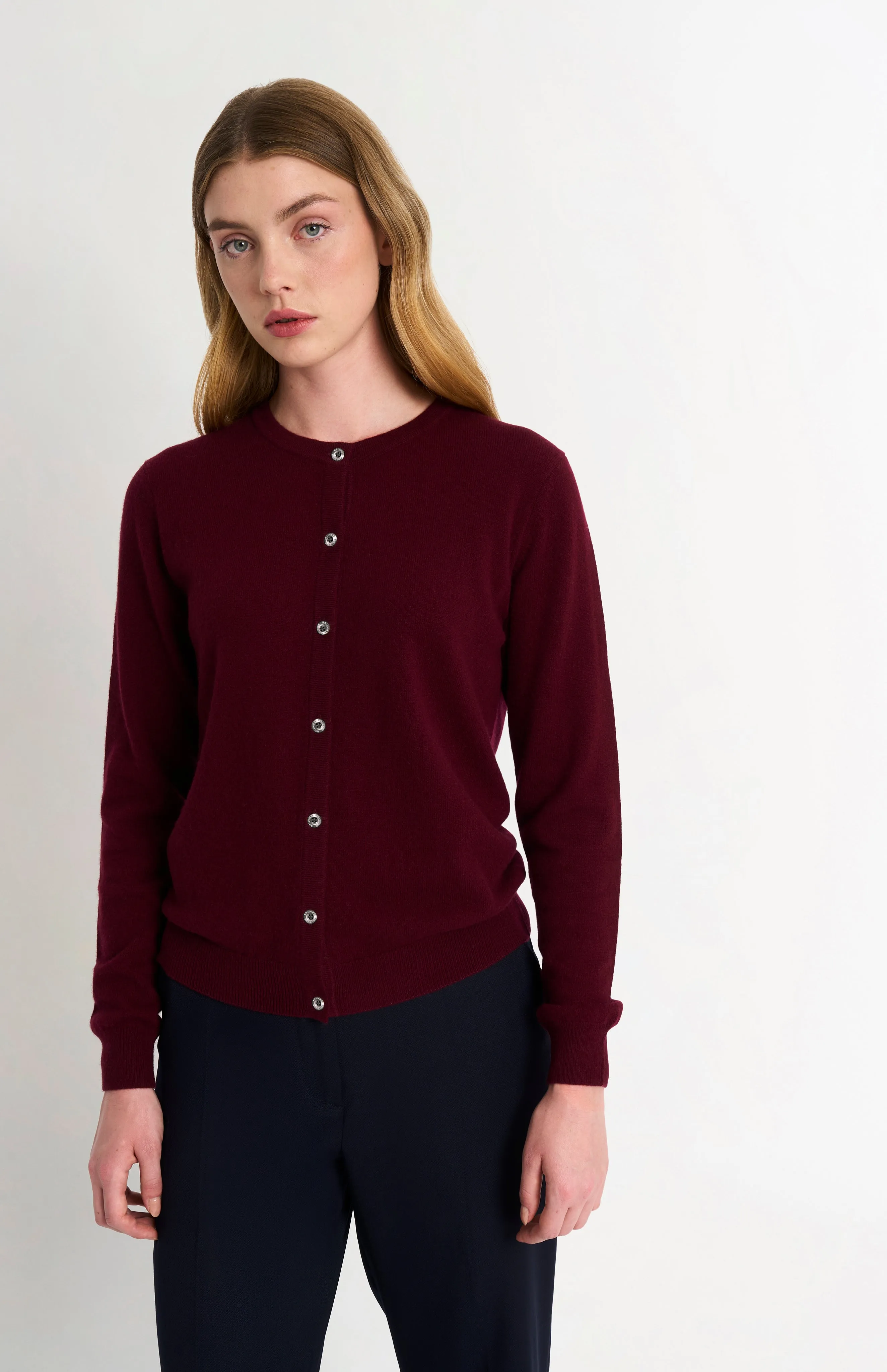Women's Classic Crew Neck Cashmere Cardigan In Burgundy sold by Pringle of Scotland