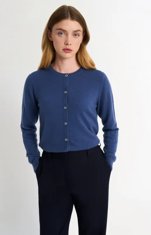 Women's Classic Crew Neck Cashmere Cardigan In Blue sold by Pringle of Scotland