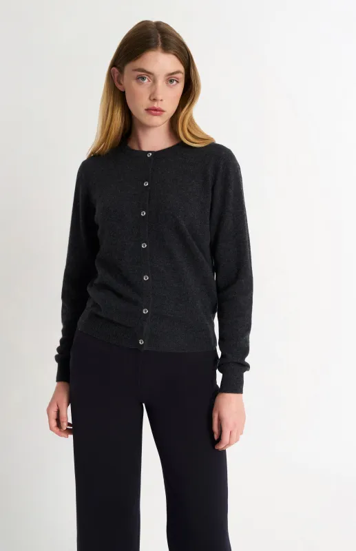 Women's Classic Crew Neck Cashmere Cardigan In Charcoal Melange sold by Pringle of Scotland