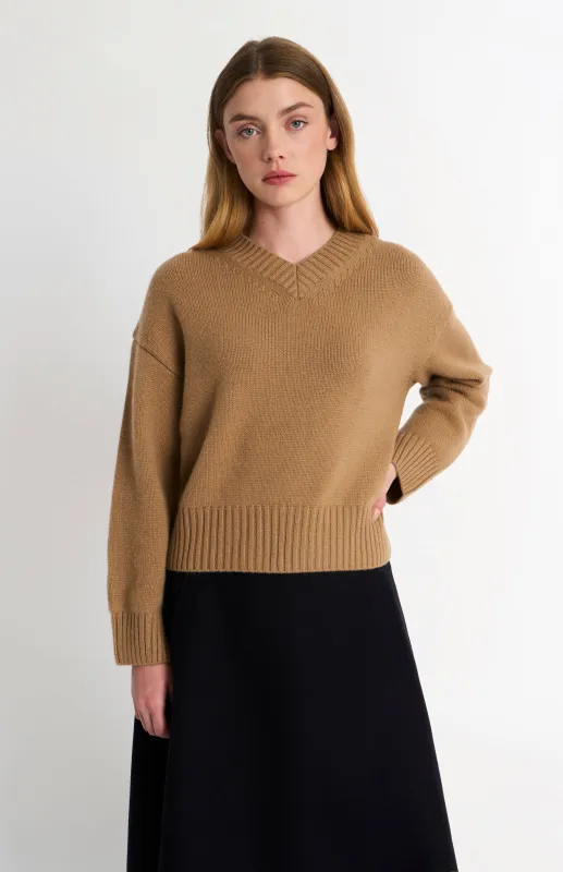 Women's V-neck Chunky Cashmere Jumper In Camel sold by Pringle of Scotland