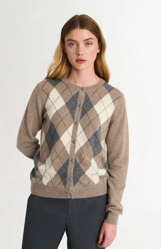 Women's Crew Neck Cashmere Argyle Cardigan In Mushroom / Grey / Yellow sold by Pringle of Scotland