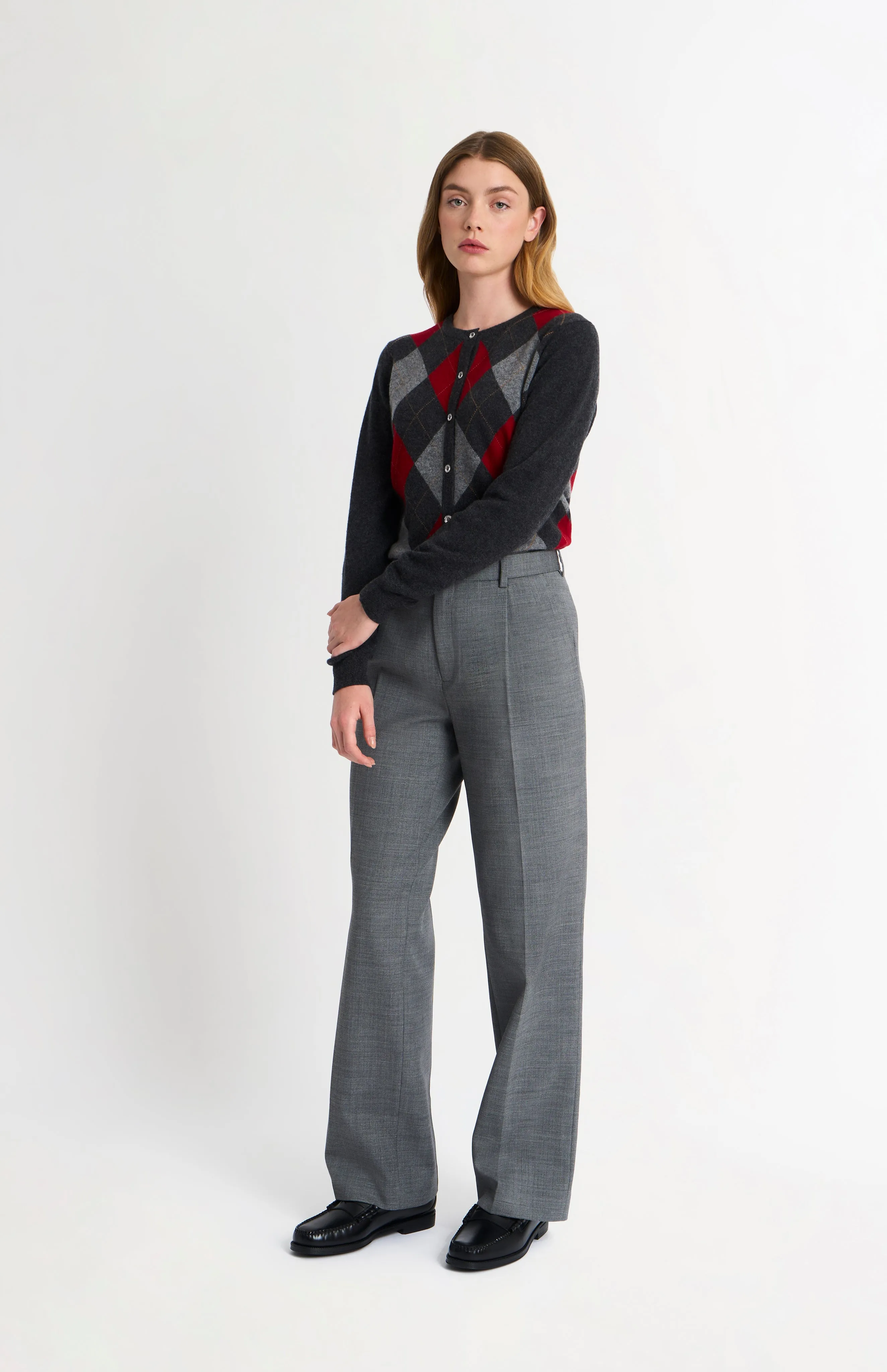 Women's Crew Neck Cashmere Argyle Cardigan In Charcoal / Red / Grey sold by Pringle of Scotland product image thumbnail 3