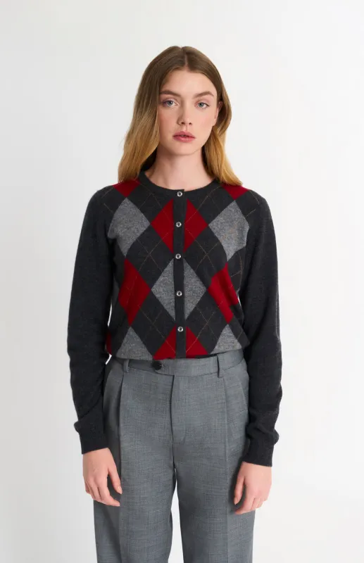 Women's Crew Neck Cashmere Argyle Cardigan In Charcoal / Red / Grey sold by Pringle of Scotland