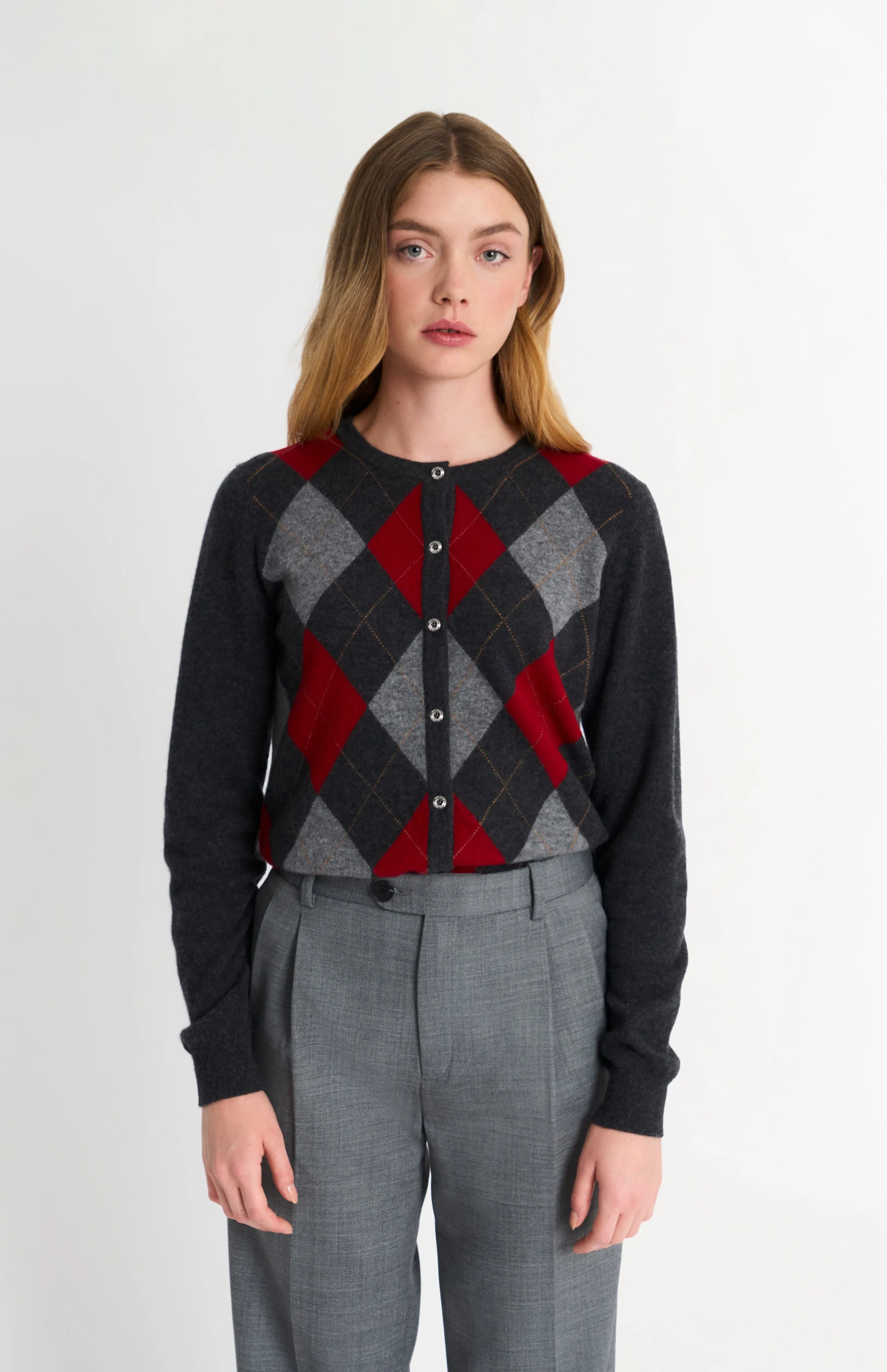 Women's Crew Neck Cashmere Argyle Cardigan In Charcoal / Red / Grey sold by Pringle of Scotland