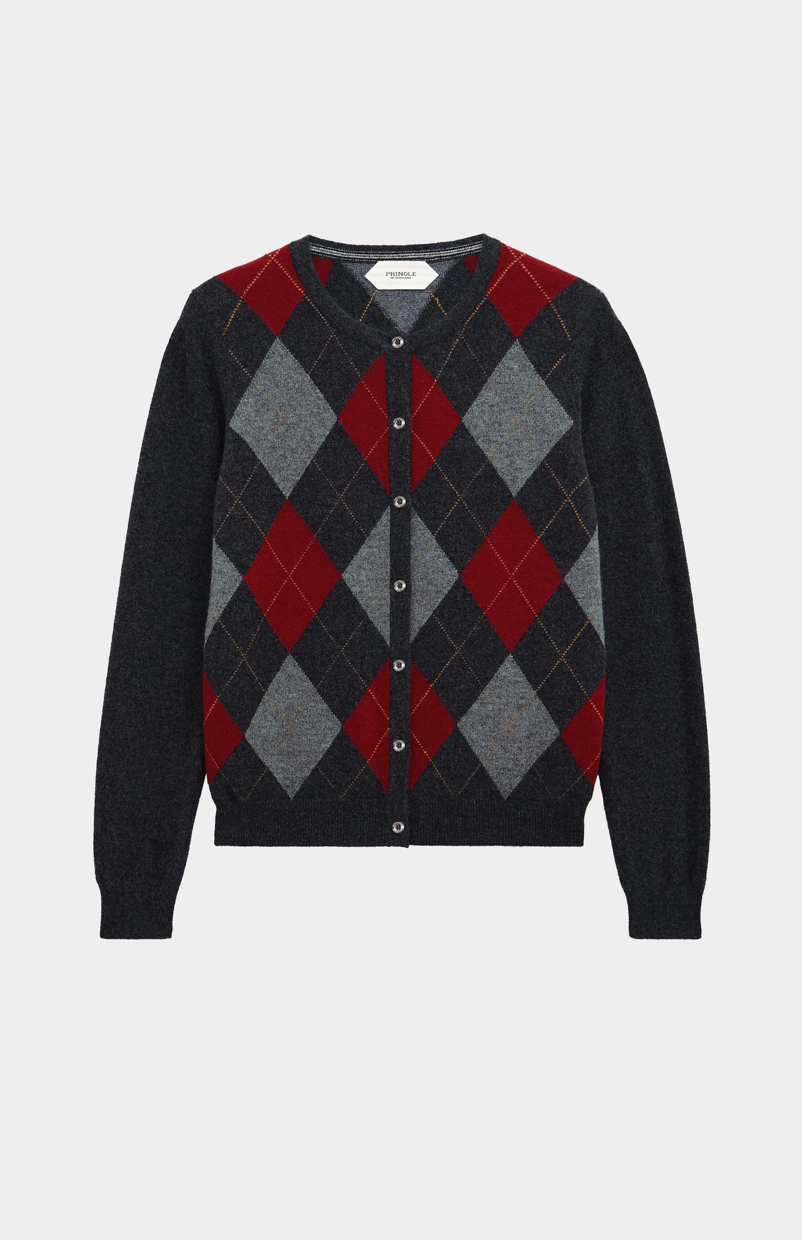 Women's Crew Neck Cashmere Argyle Cardigan In Charcoal / Red / Grey sold by Pringle of Scotland product image thumbnail 2