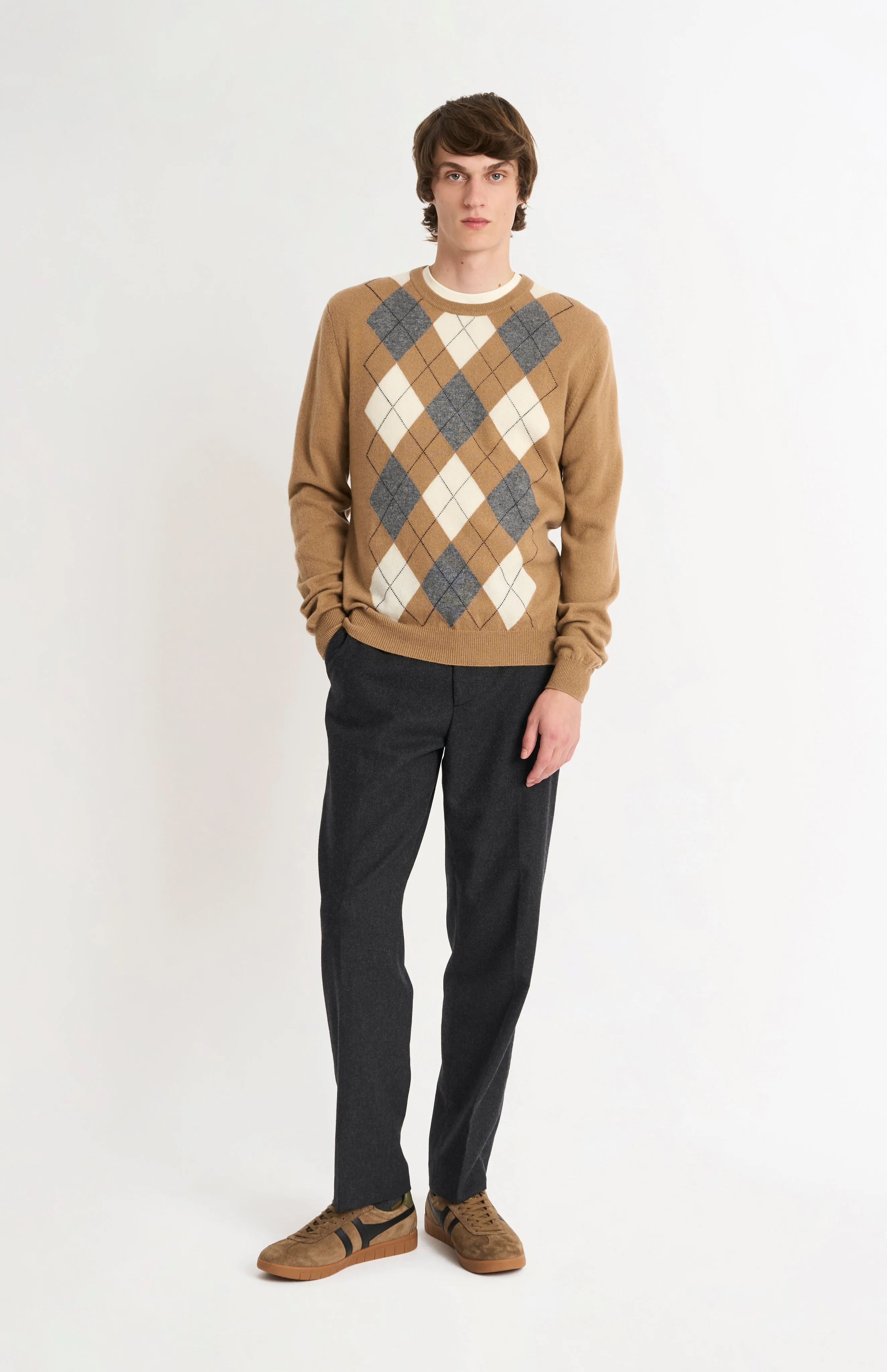 Men's Classic Crew Neck Cashmere Argyle Jumper In Camel / Ecru / Grey sold by Pringle of Scotland product image thumbnail 3