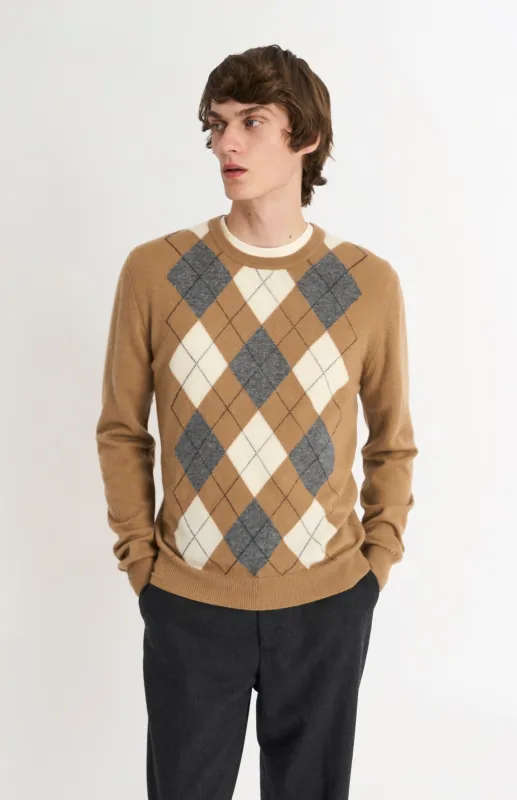Men's Classic Crew Neck Cashmere Argyle Jumper In Camel / Ecru / Grey sold by Pringle of Scotland
