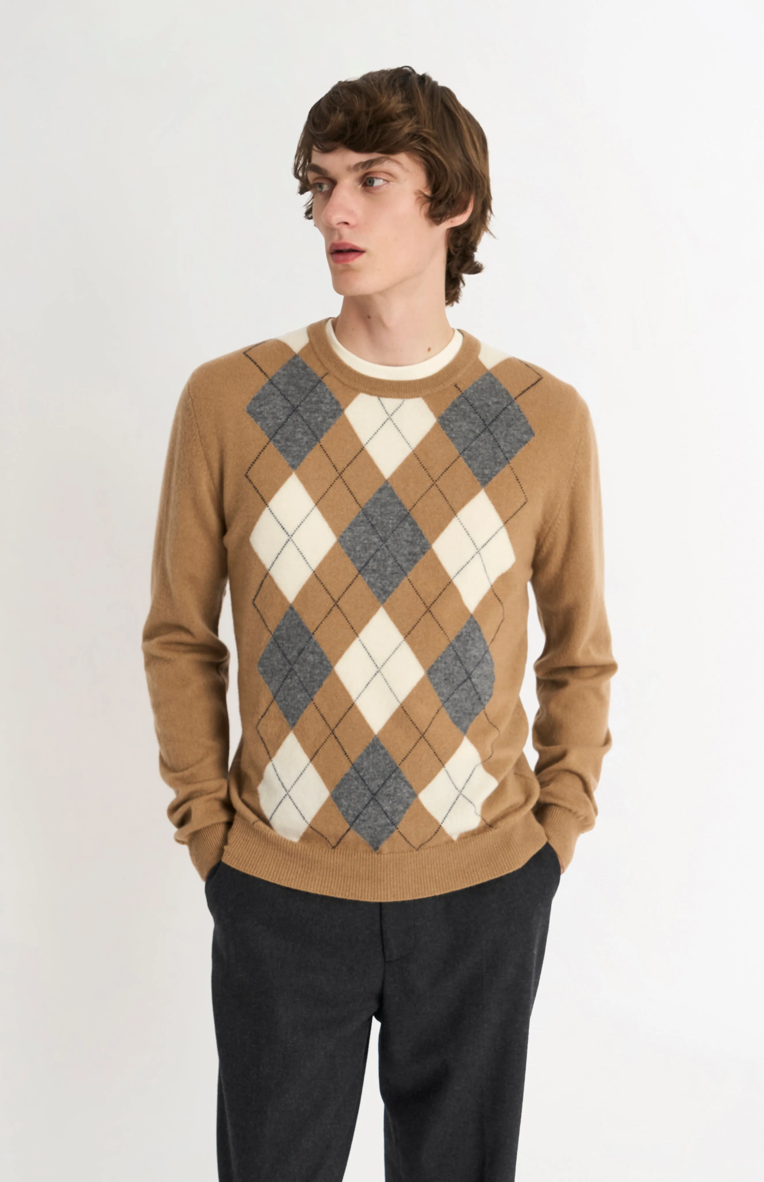 Men's Classic Crew Neck Cashmere Argyle Jumper In Camel / Ecru / Grey sold by Pringle of Scotland