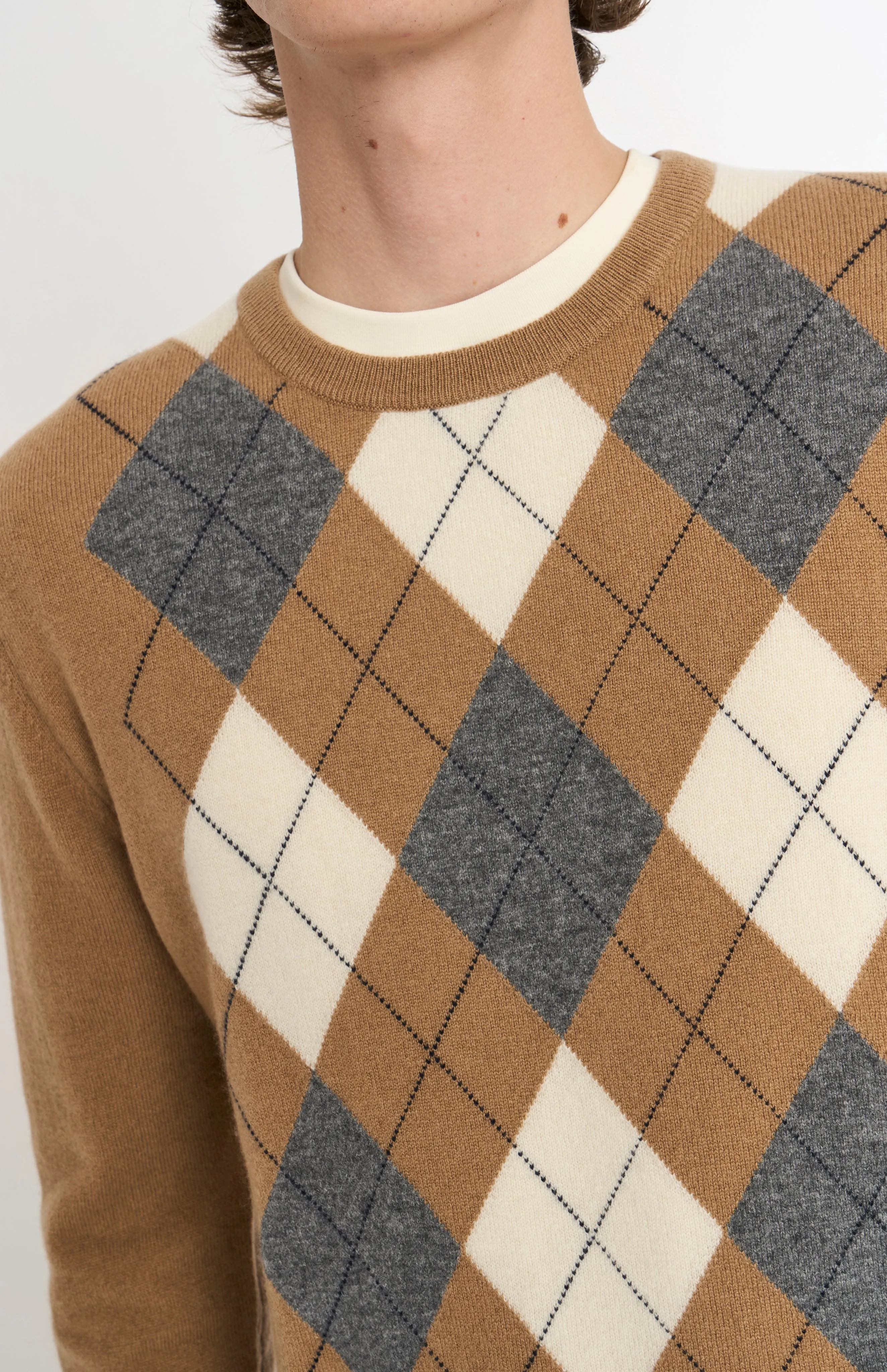 Men's Classic Crew Neck Cashmere Argyle Jumper In Camel / Ecru / Grey sold by Pringle of Scotland product image thumbnail 4