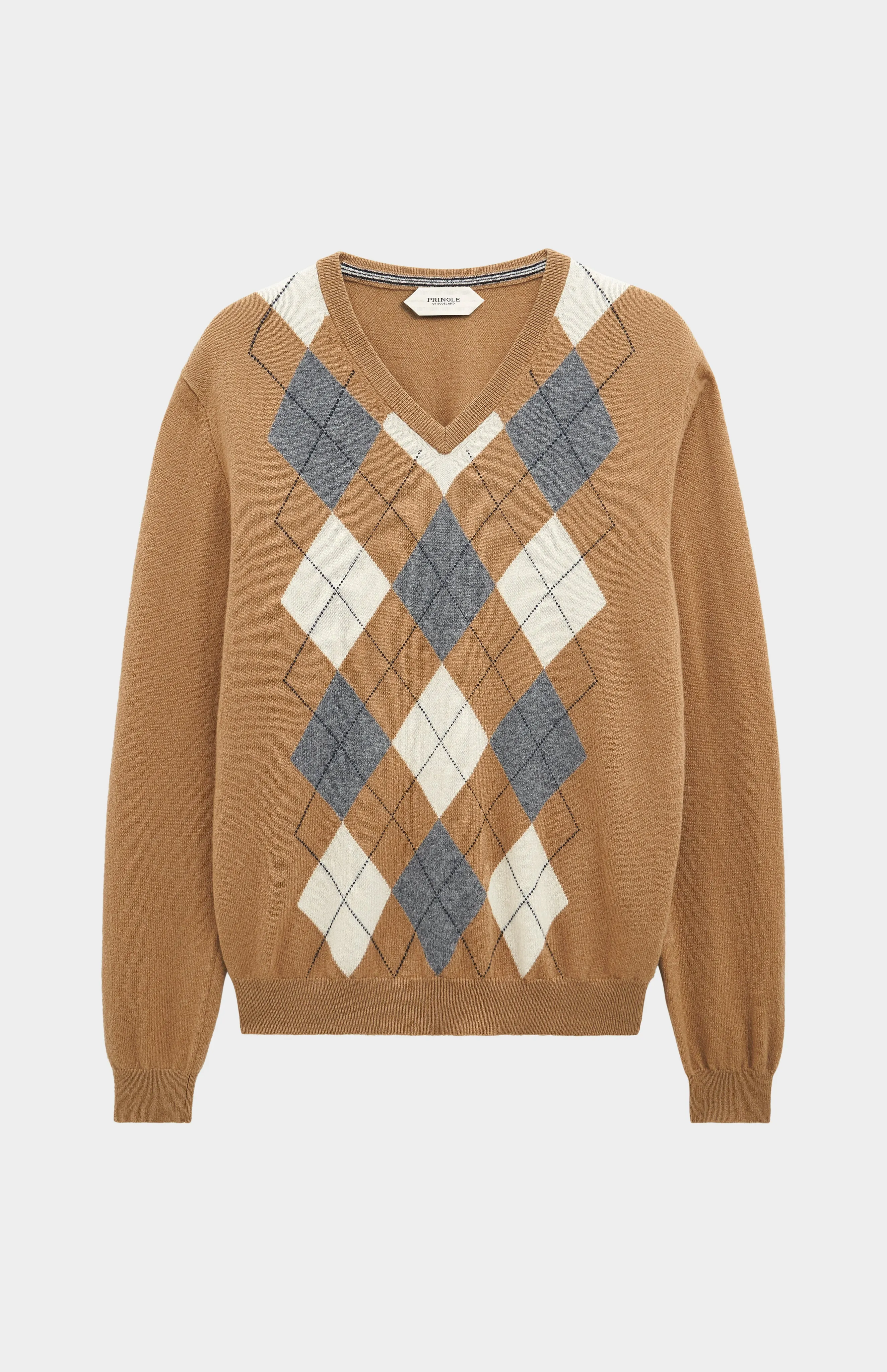 Men's Classic V-neck Cashmere Argyle Jumper In Camel / Ecru / Grey sold by Pringle of Scotland product image thumbnail 2
