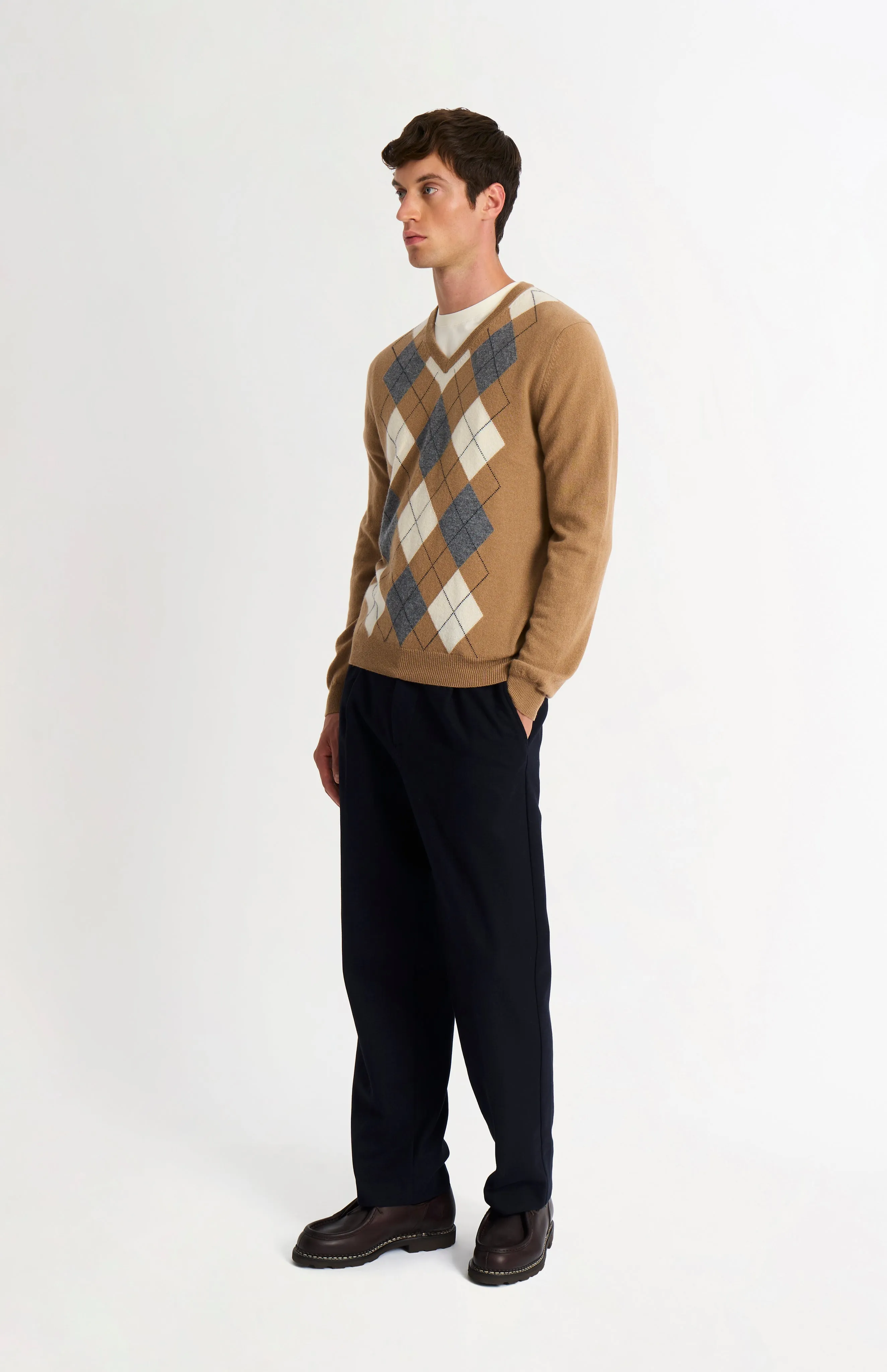 Men's Classic V-neck Cashmere Argyle Jumper In Camel / Ecru / Grey sold by Pringle of Scotland product image thumbnail 3