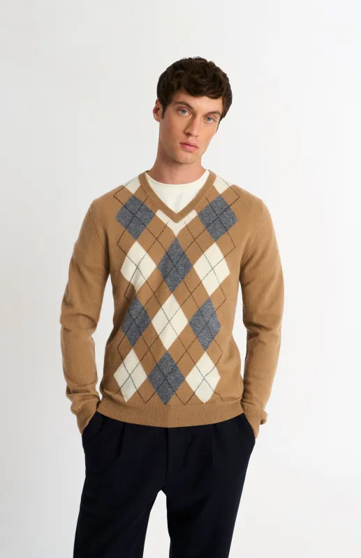 Men's Classic V-neck Cashmere Argyle Jumper In Camel / Ecru / Grey sold by Pringle of Scotland