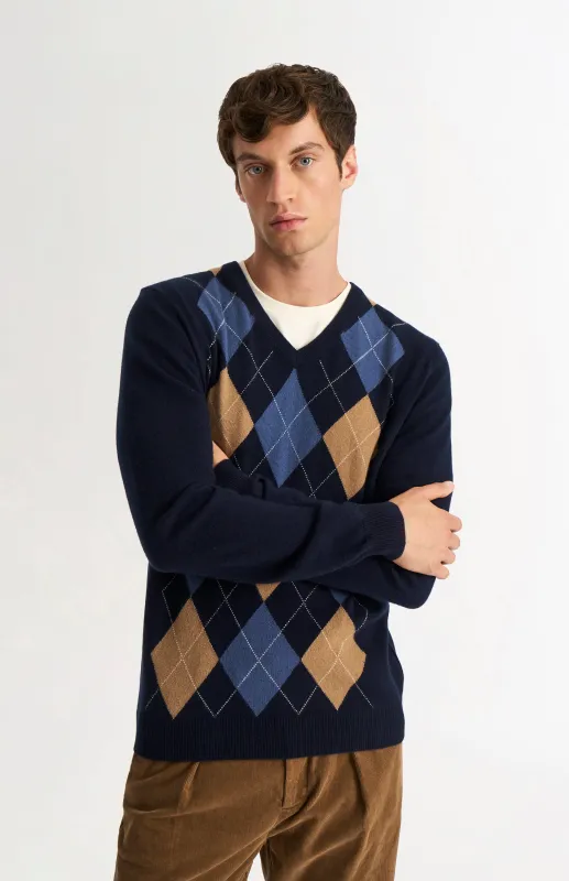 Men's Classic V-neck Cashmere Argyle Jumper In Navy / Camel / Blue Black sold by Pringle of Scotland